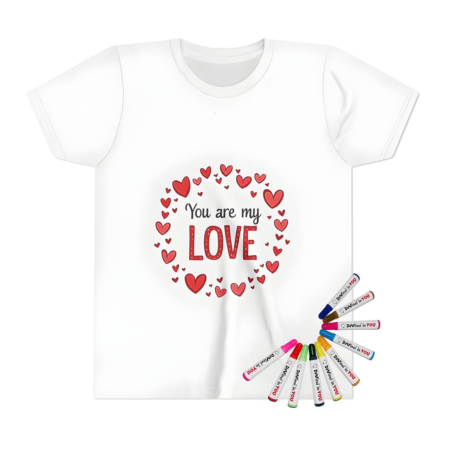 Coloring kit for kids featuring a cute t-shirt with a heart design, flowers, and stars, perfect for creative expression and love-themed crafts