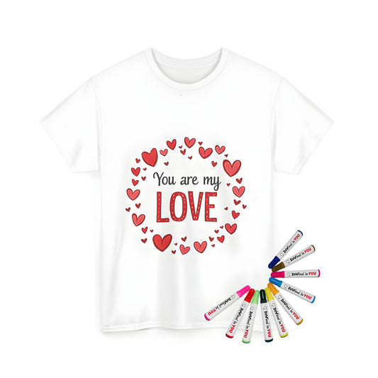 A decorative heart symbol design on a unisex t-shirt surrounded by flowers and stars