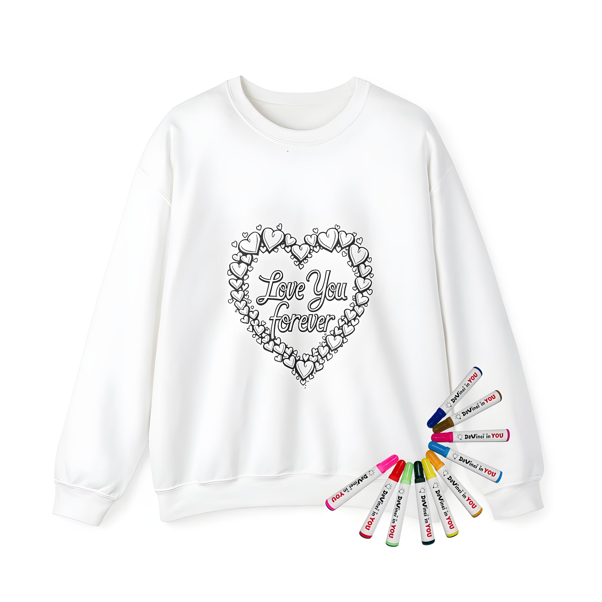 Adult sweatshirt with heart-shaped design, featuring an arrangement of smaller hearts with 'Love You Forever' inside, perfect for Valentine's Day gifts or expressing love and affection.