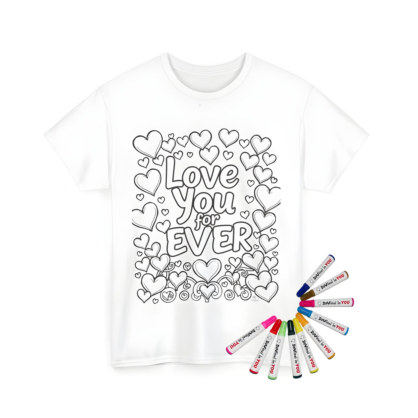 Unisex t-shirt featuring a love-themed coloring page with hearts, stars, and decorations. Perfect for expressing your affection with this unique apparel.