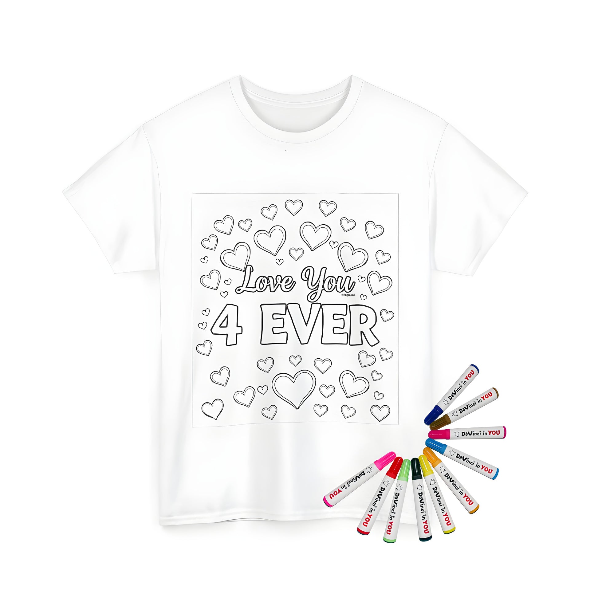 Unisex t-shirt featuring a coloring page design of Love You 4 Ever surrounded by hearts, symbols of affection and sentiment.
