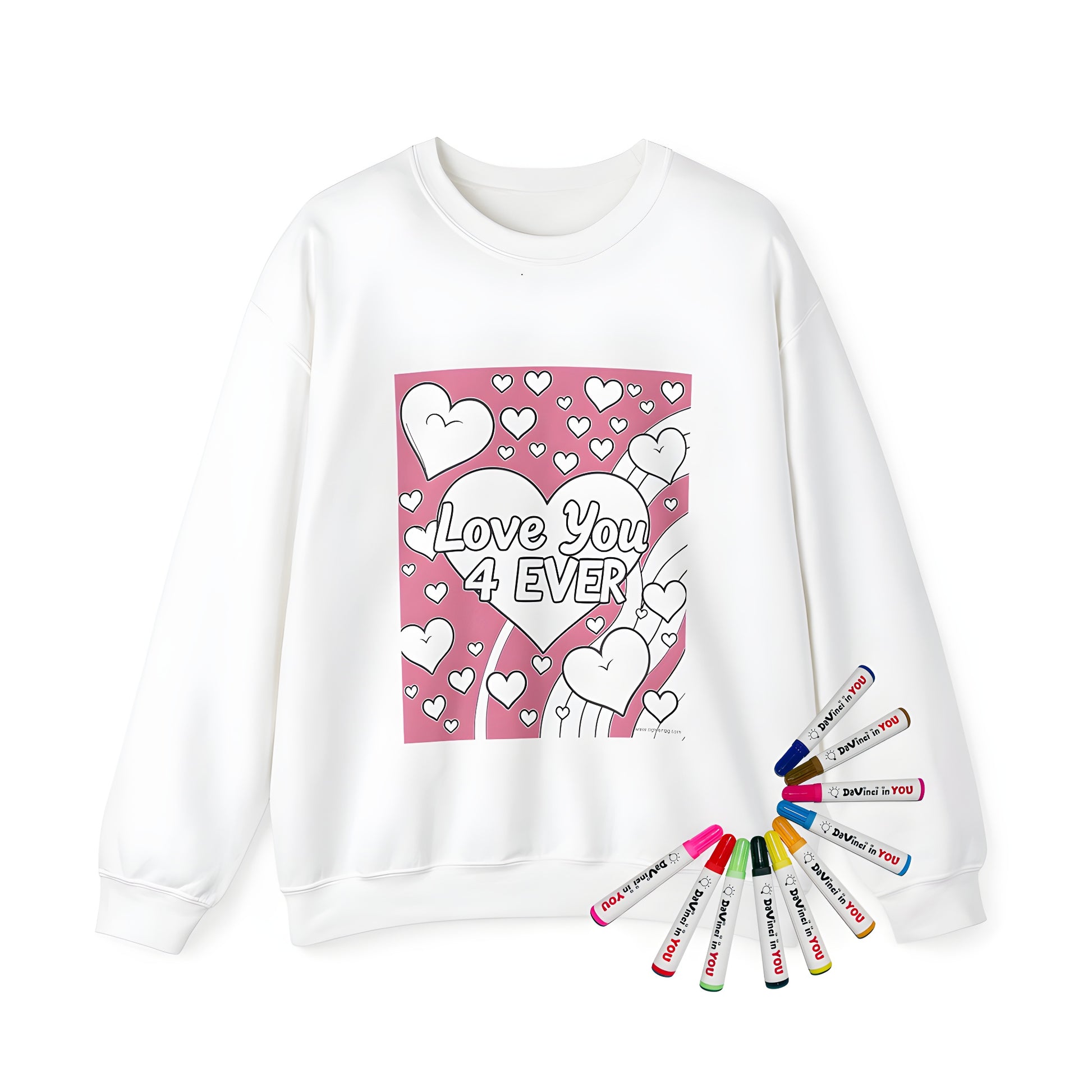 Adult sweatshirt featuring a coloring page design of large and small hearts, love quotes, and a pink background