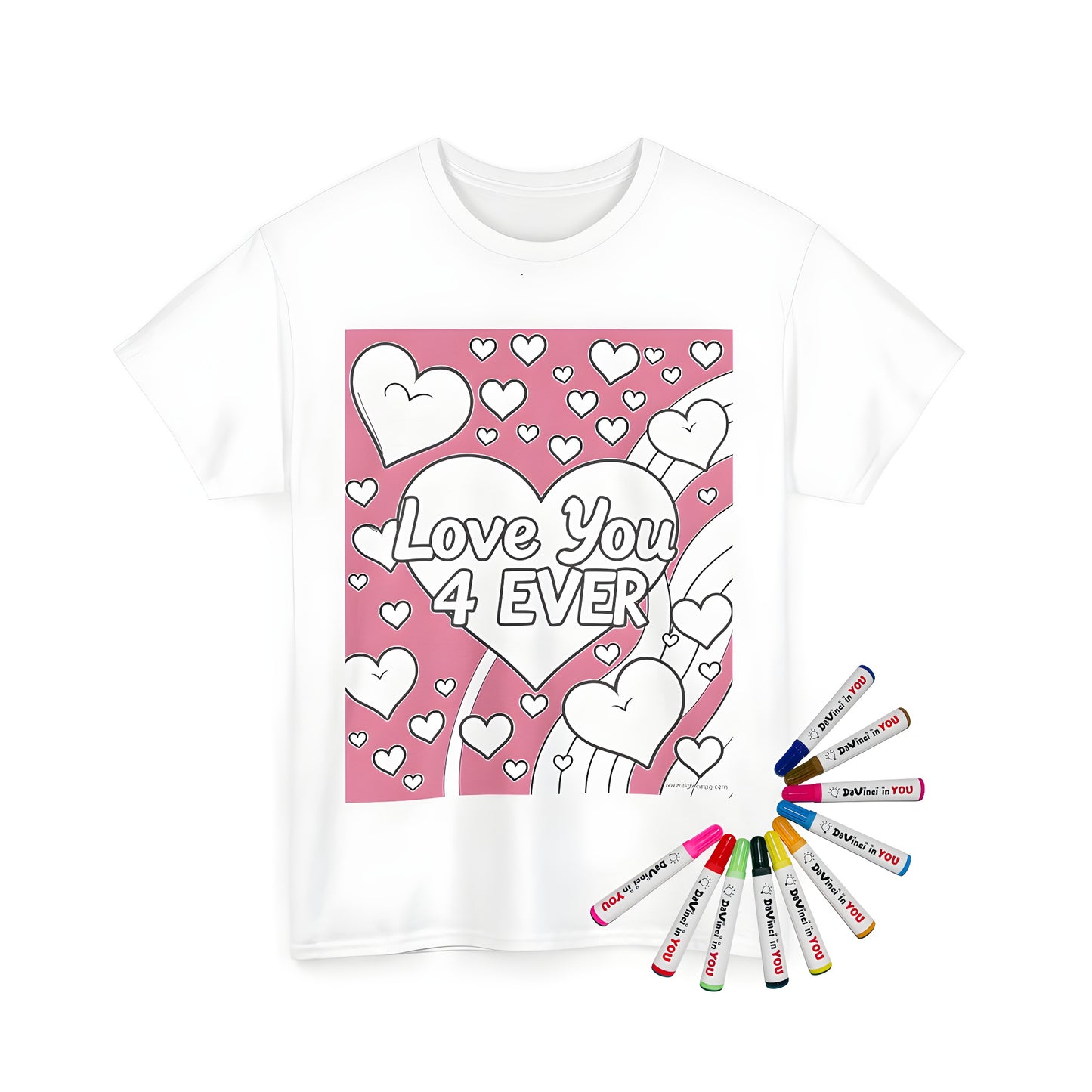 Unisex T-shirt with vibrant coloring page design featuring hearts, love, and affection
