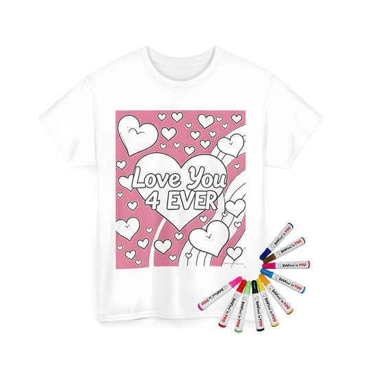 Unisex T-shirt with vibrant coloring page design featuring hearts, love, and affection