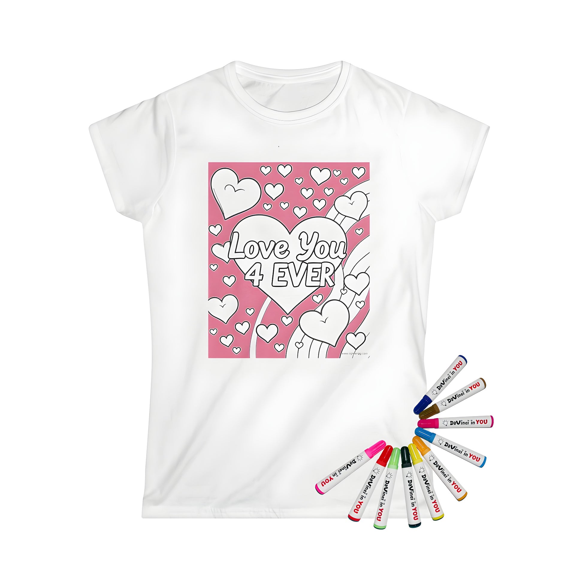 Coloring page design on a women's t-shirt featuring large and small hearts, love symbols, and romantic phrases like 'Love You 4 EVER', perfect for expressing affection. Includes heart-shaped designs, valentine's day-themed art, and love illustrations.