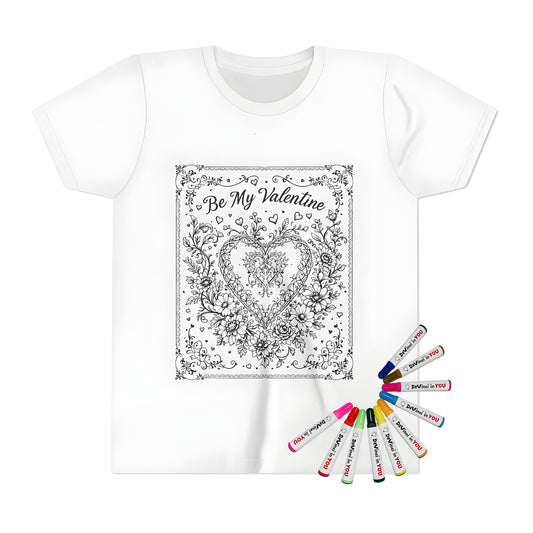 Intricate heart design Valentine's Day t-shirt for kids, floral patterns and Be My Valentine text coloring page