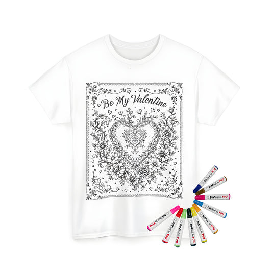 Intricate heart design with floral patterns on a unisex t-shirt for coloring, suitable for lovers of be mine day and couples gifts