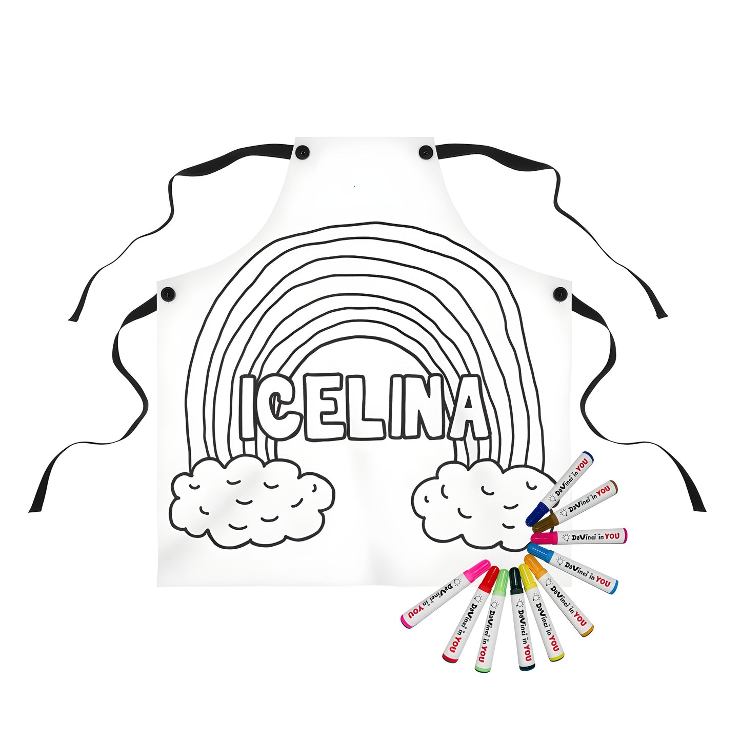 Colorful apron featuring a whimsical cloud rainbow design with a subtle hint of softness and playfulness.