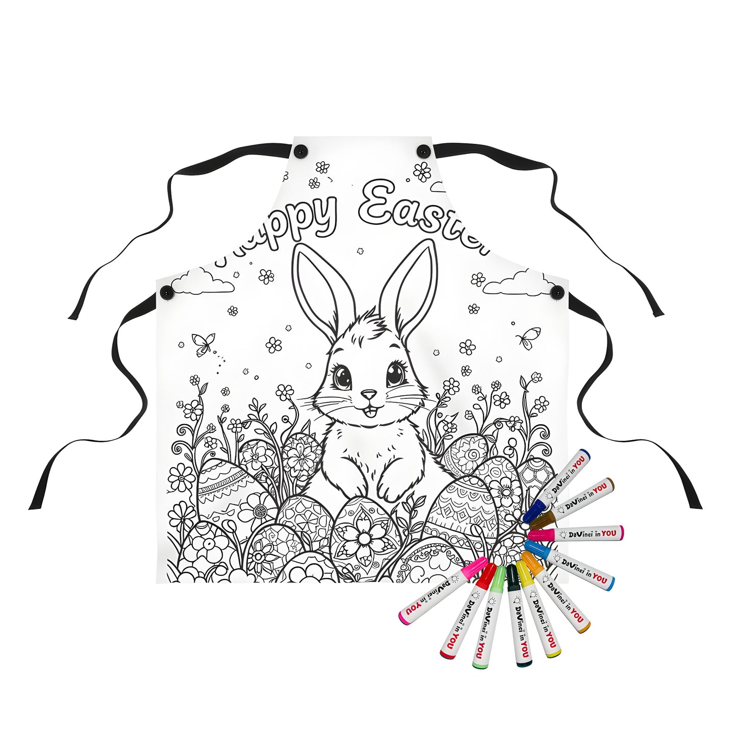 Colorful apron featuring a cute bunny surrounded by decorated eggs and flowers in a garden, with butterflies flying around, inspired by Easter decorations