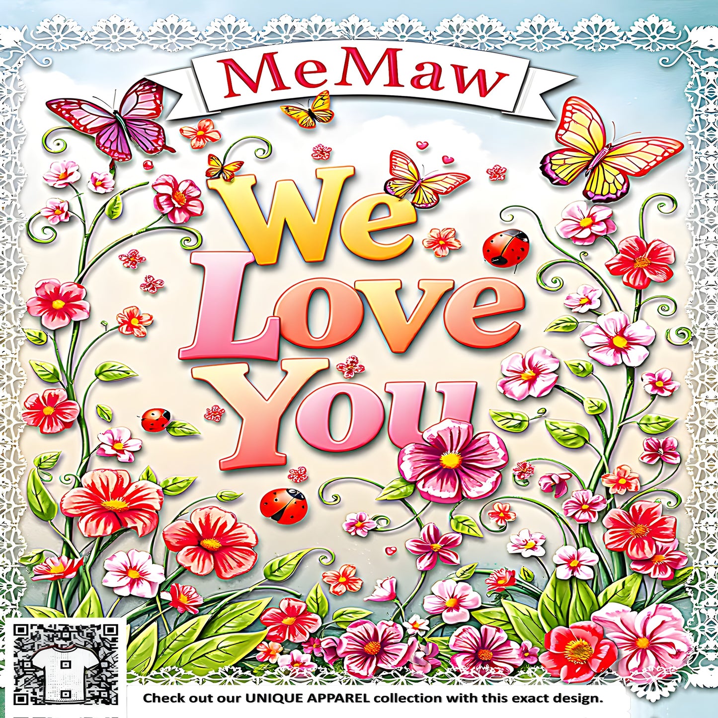 Colorful graphic design featuring vibrant butterflies, flowers, and decorative lace border symbolizing family love, affection, and unity