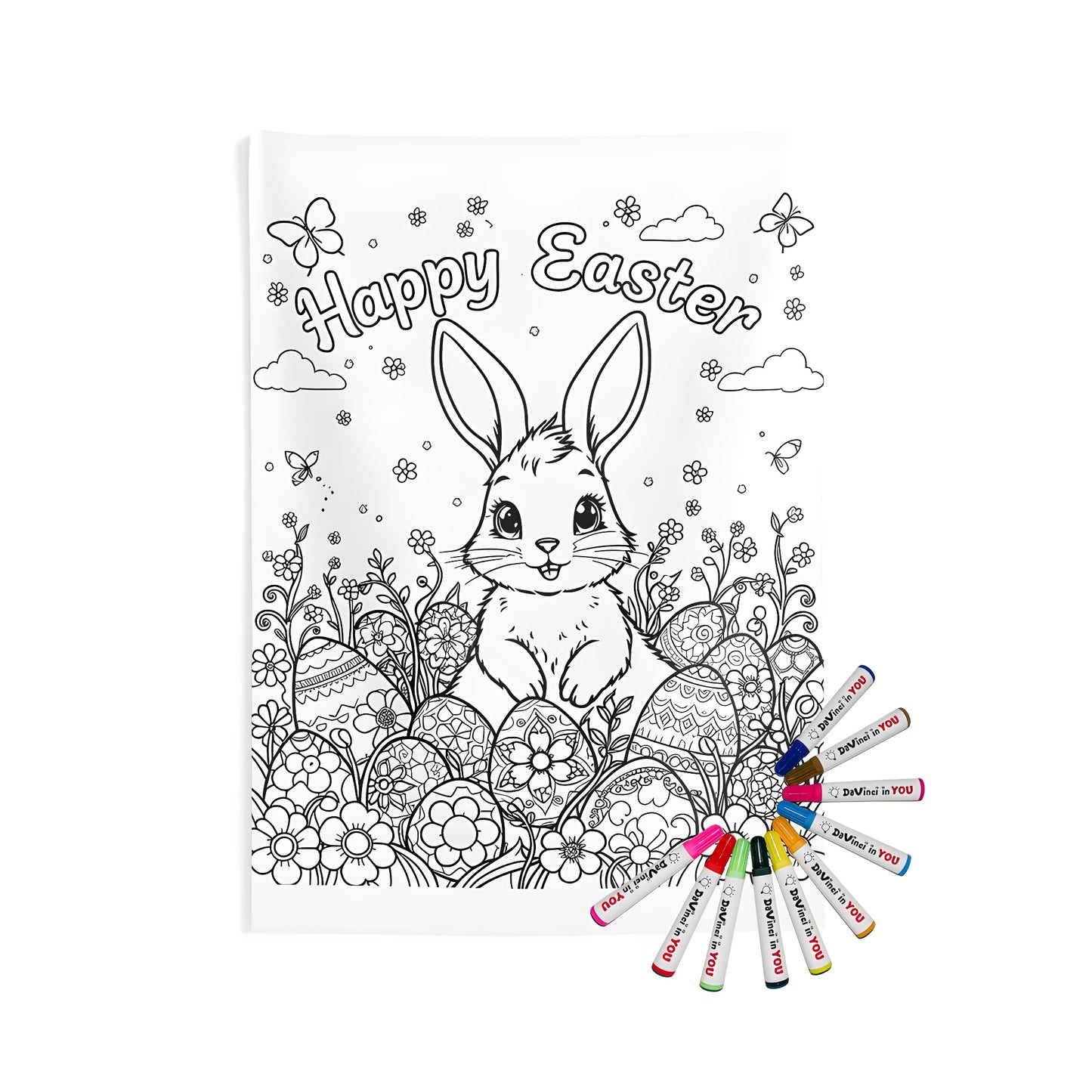 Indoor wall tapestry with cute Easter bunny, decorated eggs, flowers, and butterflies design