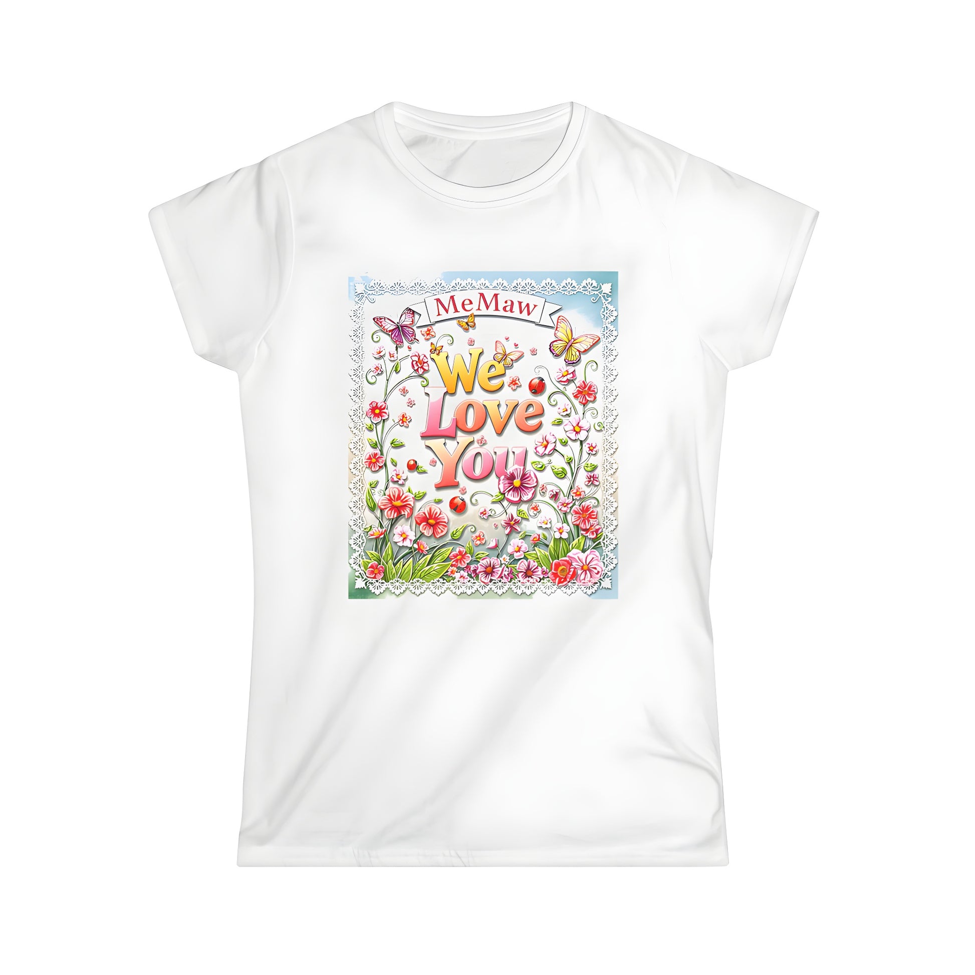 Women's colorful graphic t-shirt featuring an intricate floral illustration with vibrant butterflies, flowers, and decorative lace border, symbolizing love, appreciation, family bond