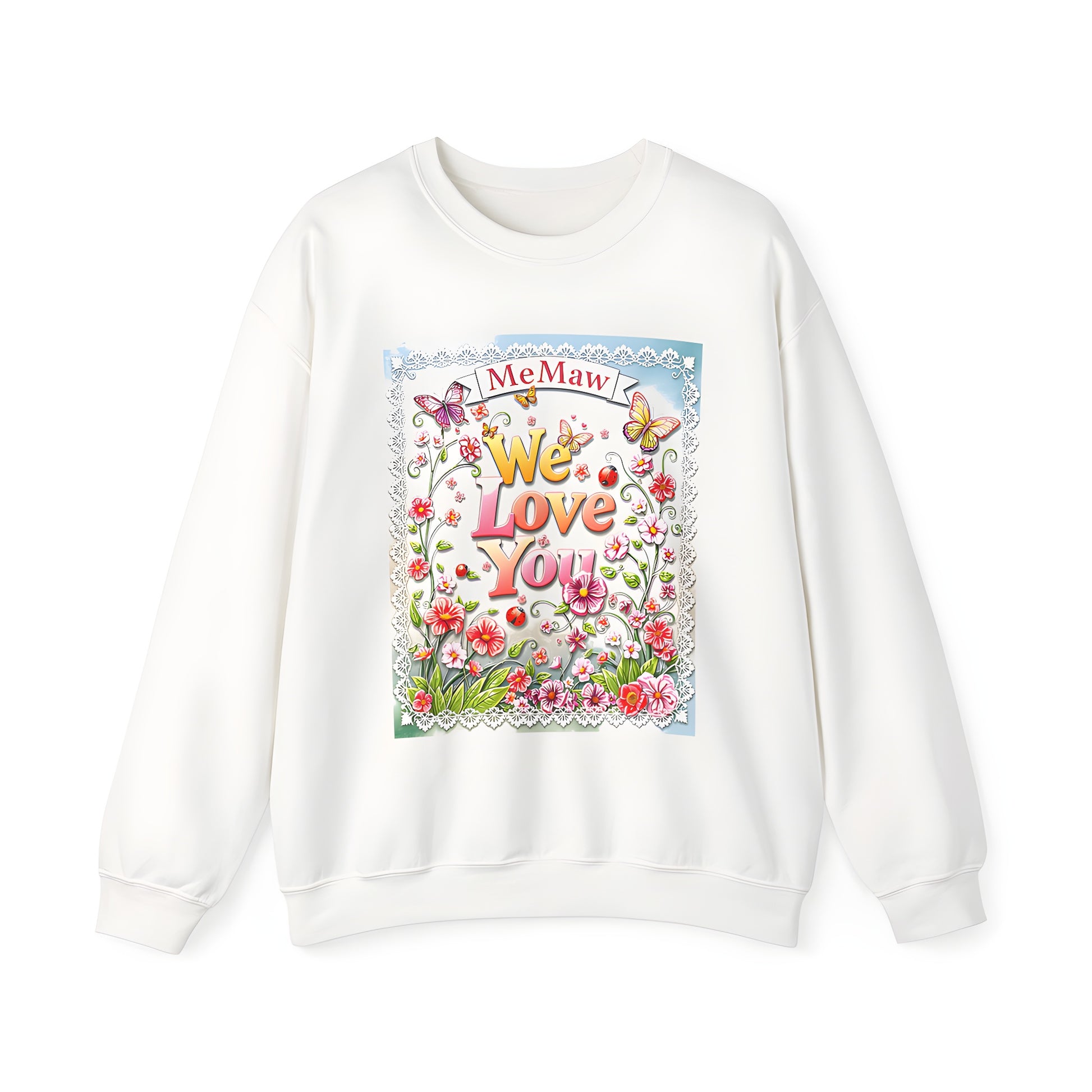 Vibrant adult sweatshirt featuring an intricate floral illustration with butterflies, flowers, and lace border, conveying love and appreciation for family