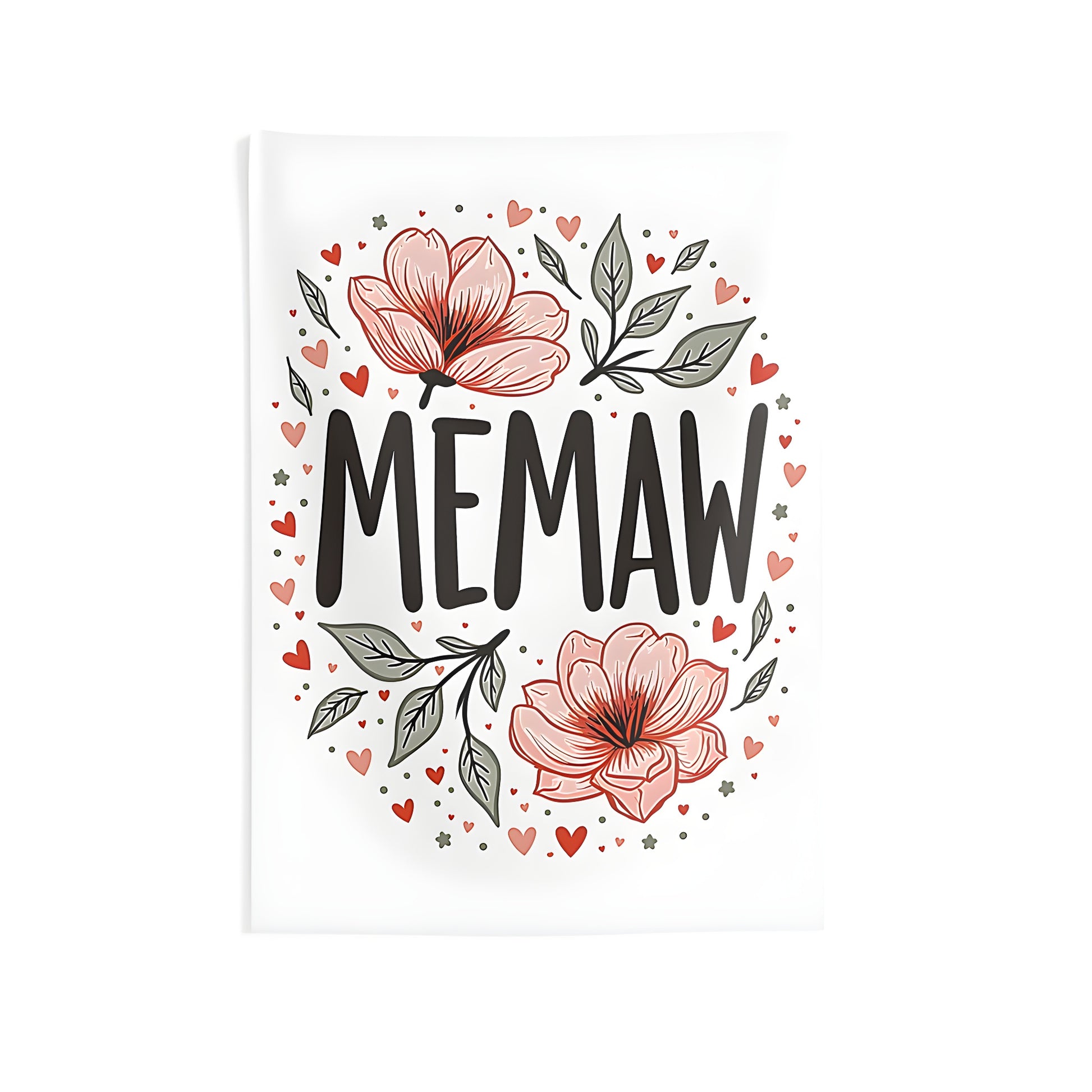 Colorful graphic design indoor wall tapestry featuring MEMAW at center, surrounded by pink flowers, leaves, and heart motifs, perfect for grandma's home decor or any loving grandparent