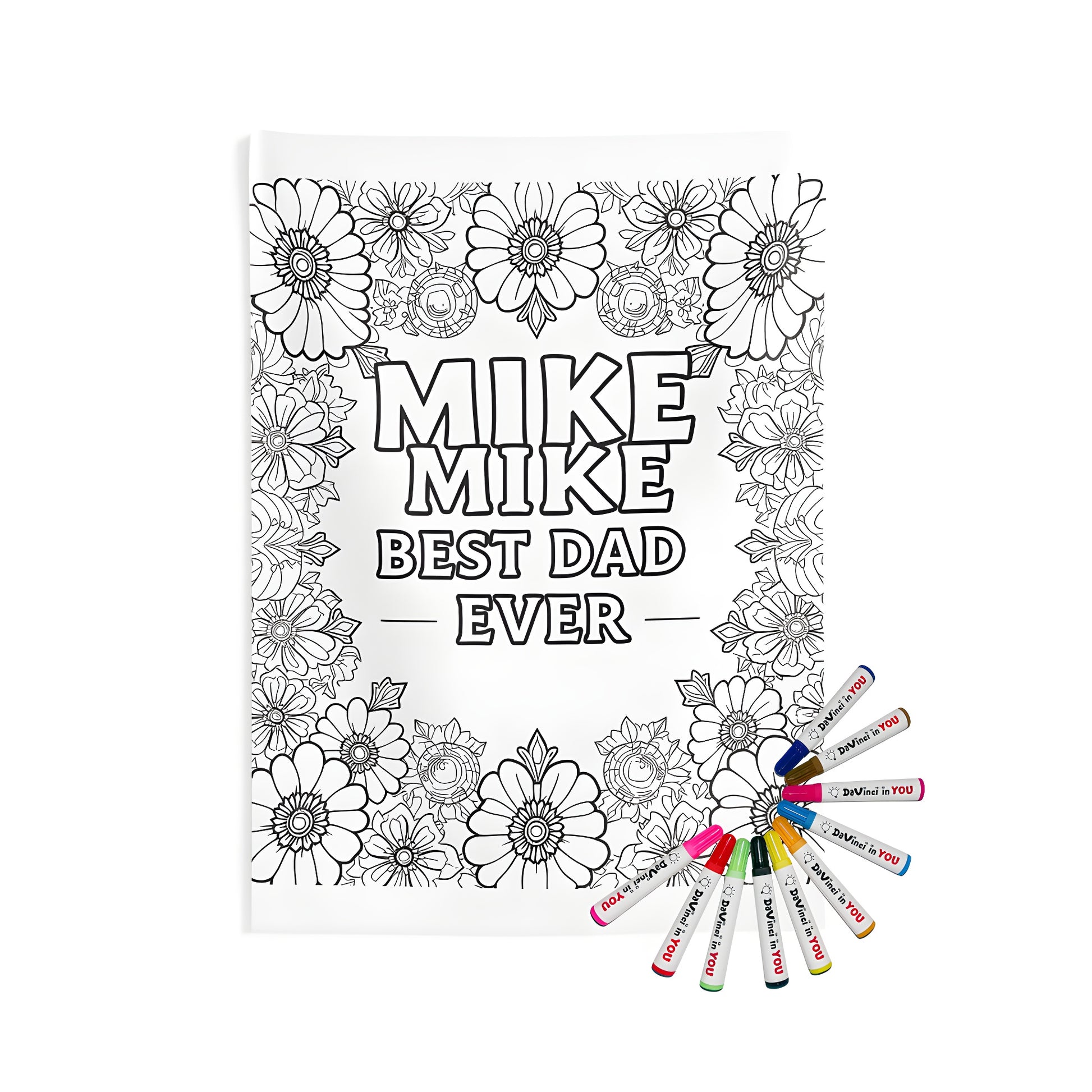 Vibrant floral wall tapestry with 'MIKE BEST DAD EVER' text and intricate flower designs