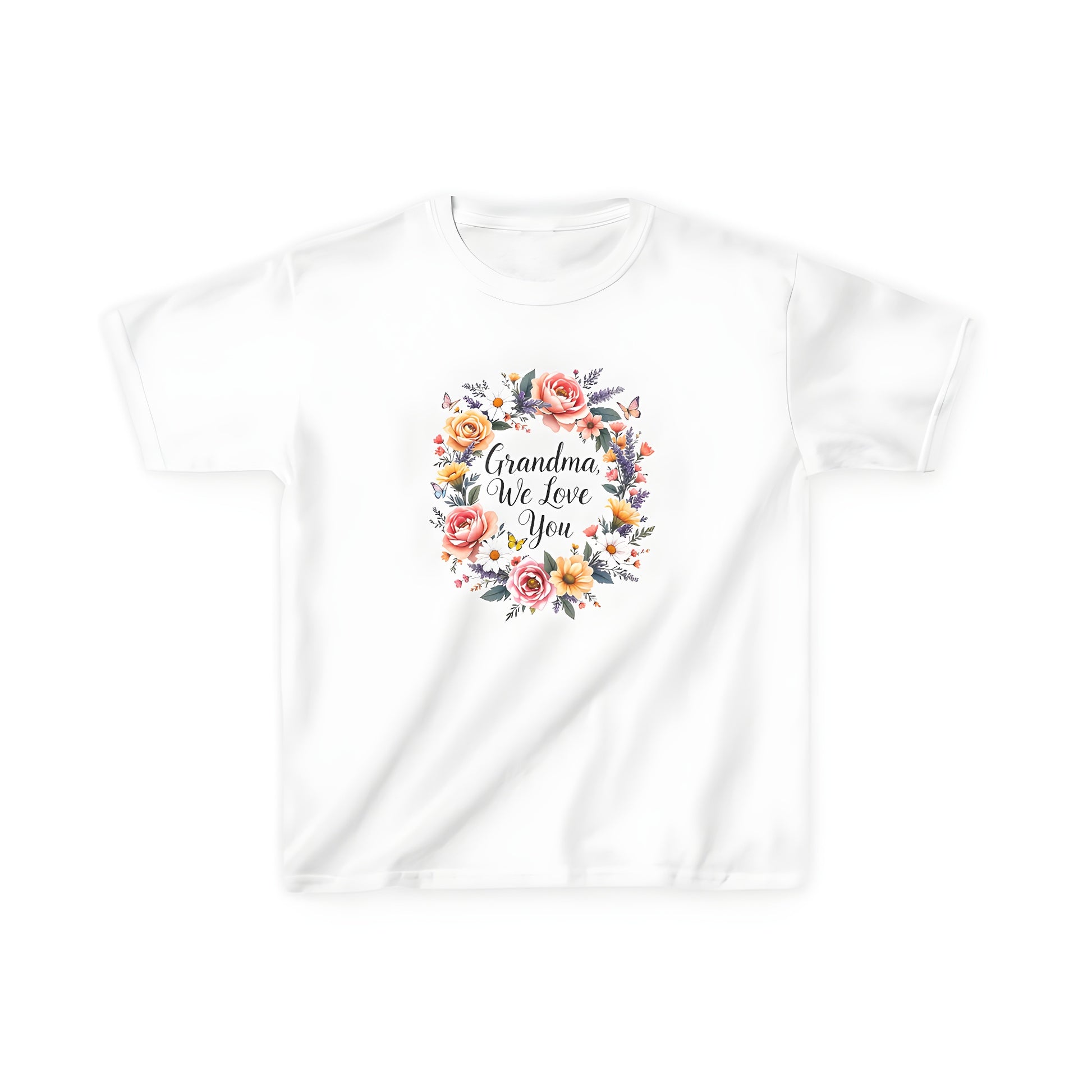 Colorful Kid's T-shirt with loving floral wreath and butterflies graphic design