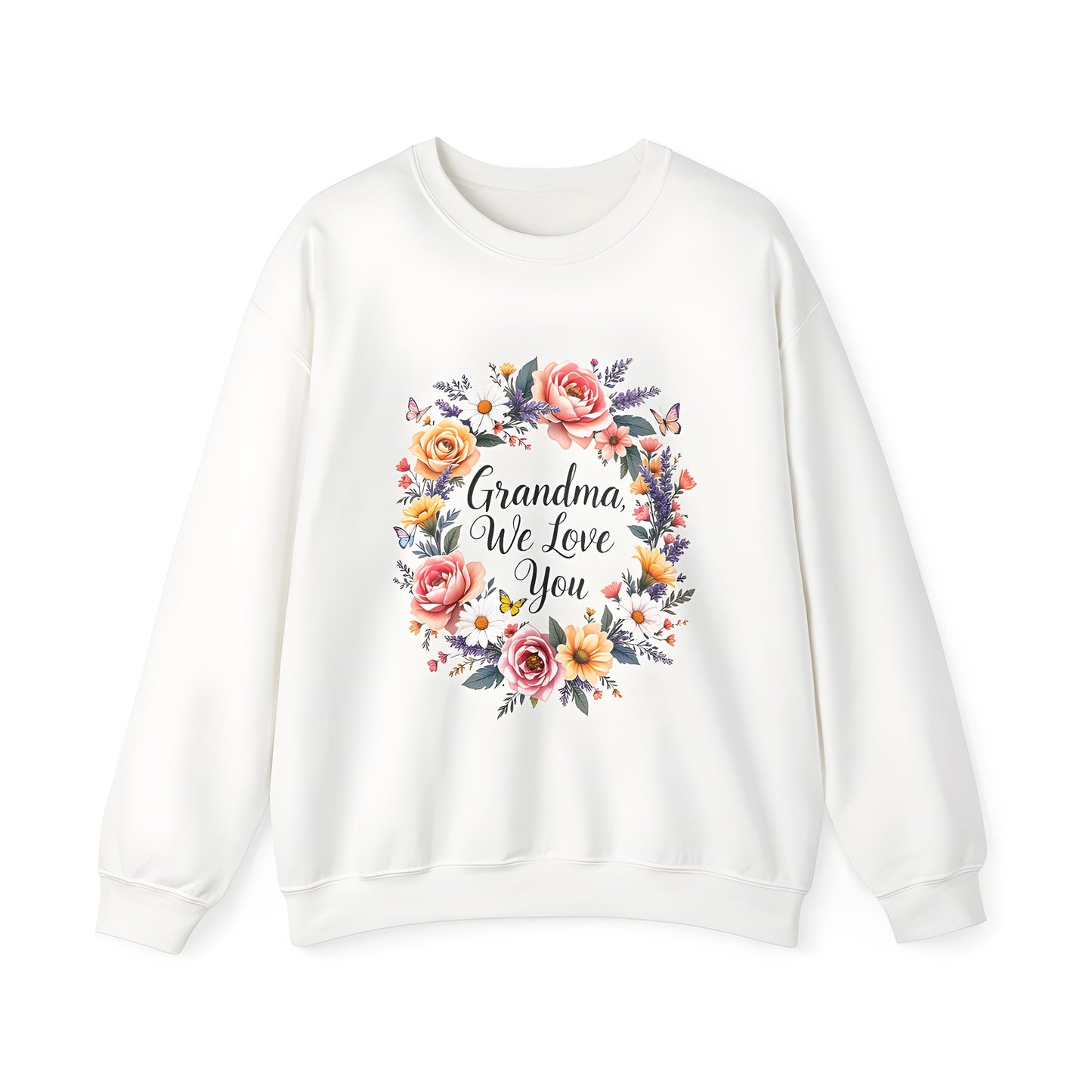 Adult sweatshirts with colorful graphic designs of grandma love, heartwarming floral wreath, and butterflies