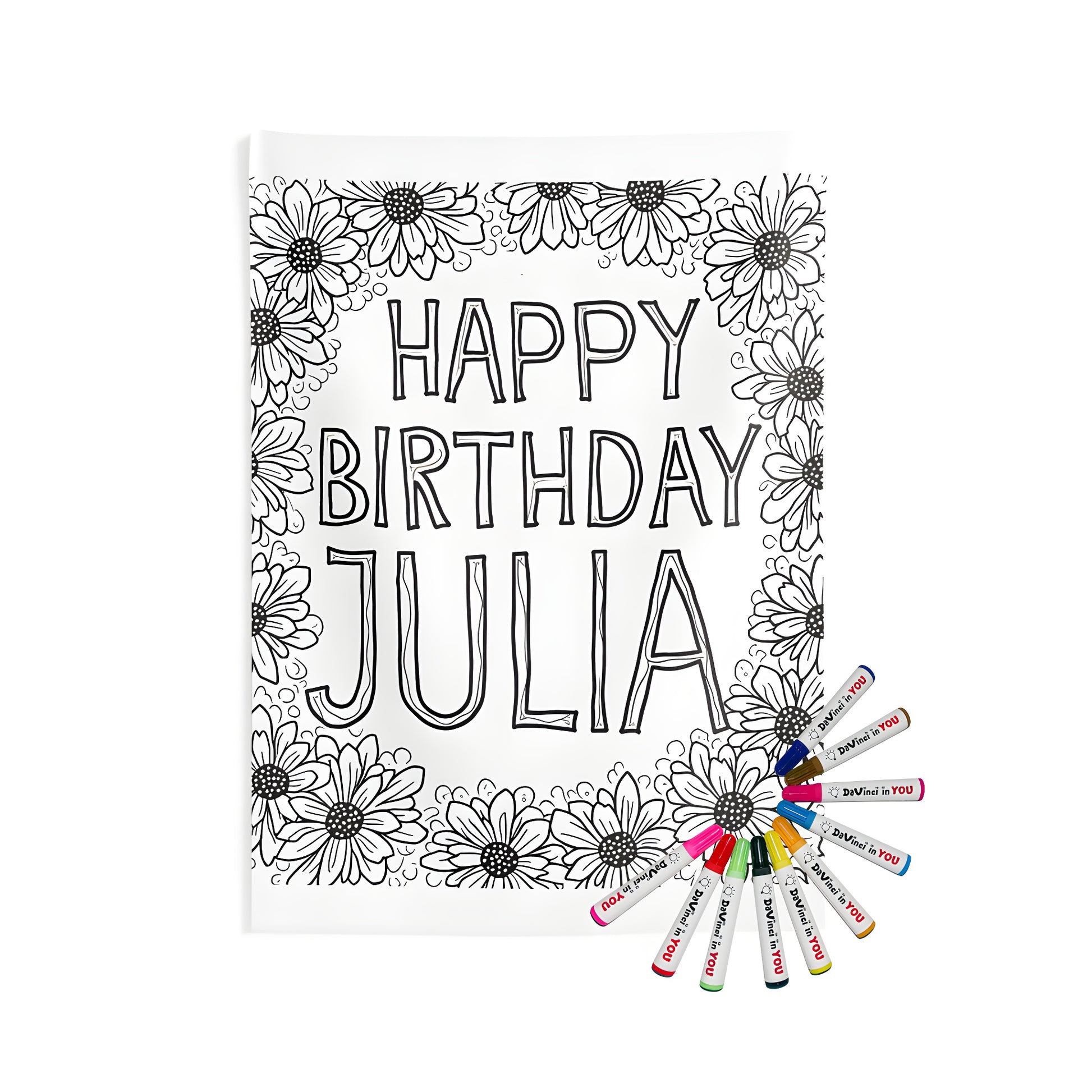 Birthday celebration wall tapestry, Happy Birthday Julia coloring kit with fabric markers