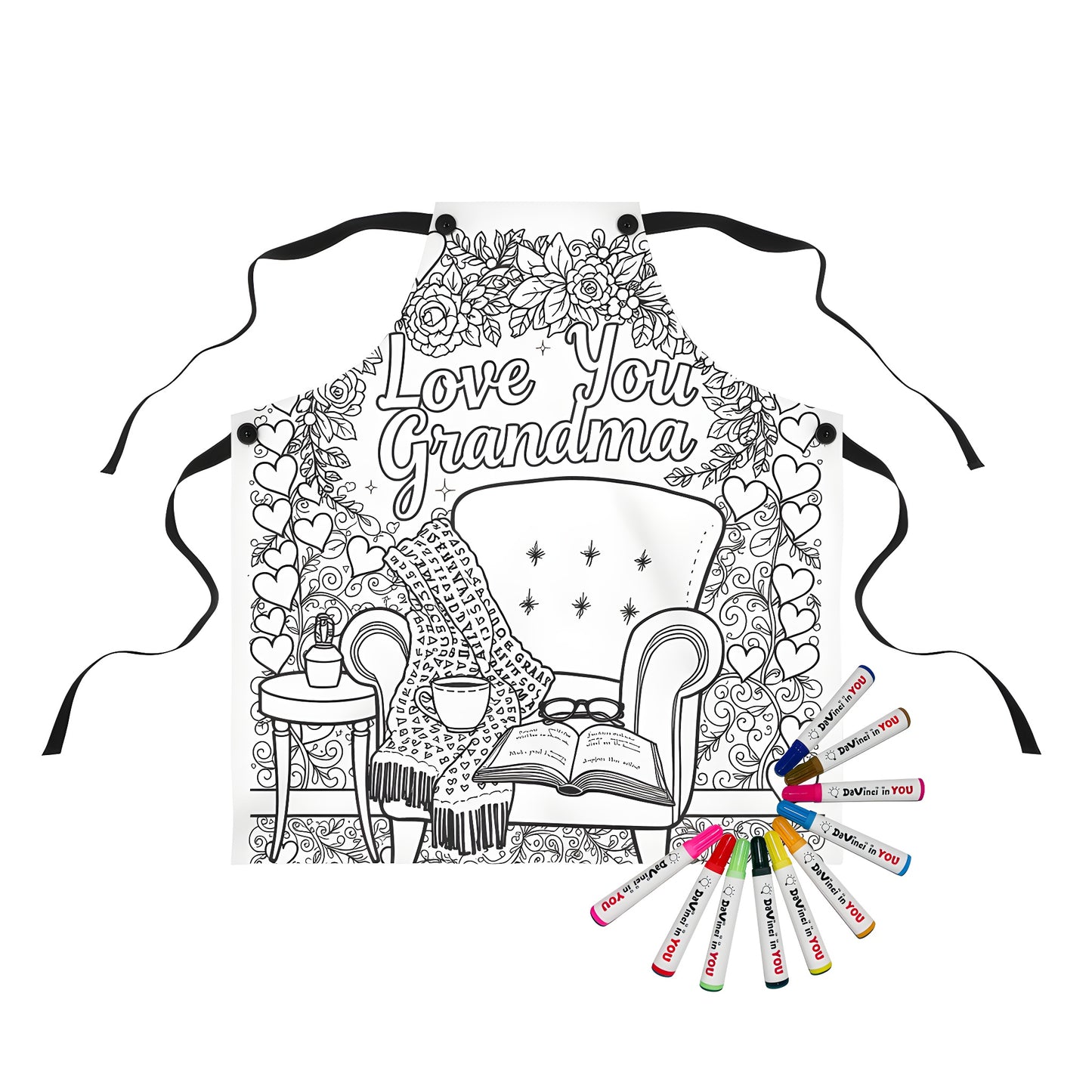 Grandma, Nana, Mimi, G-Ma coloring apron for kids and adults with 10 vibrant fabric markers