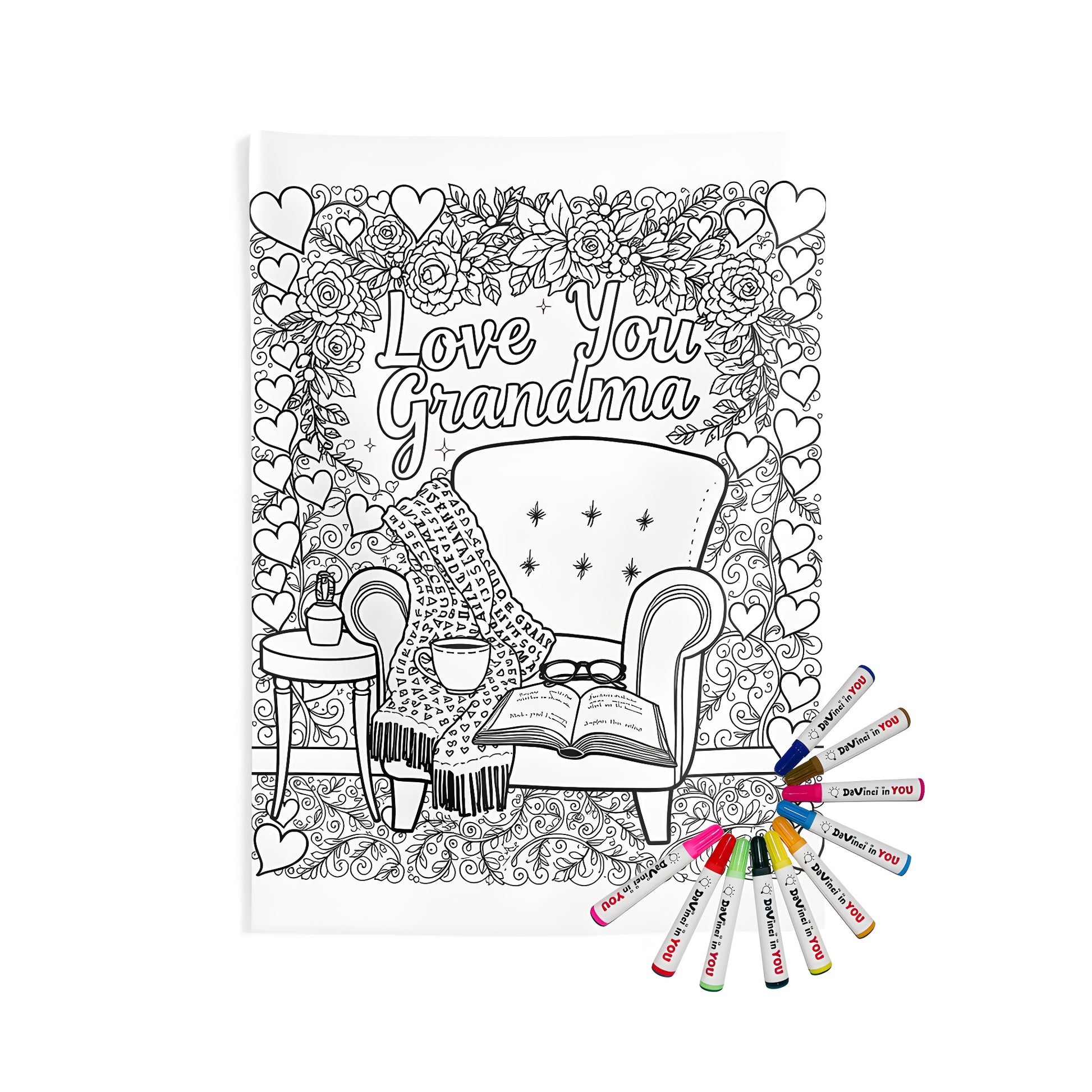 Cozy chair wall tapestry with grandma loving decorations, floral patterns and heart designs