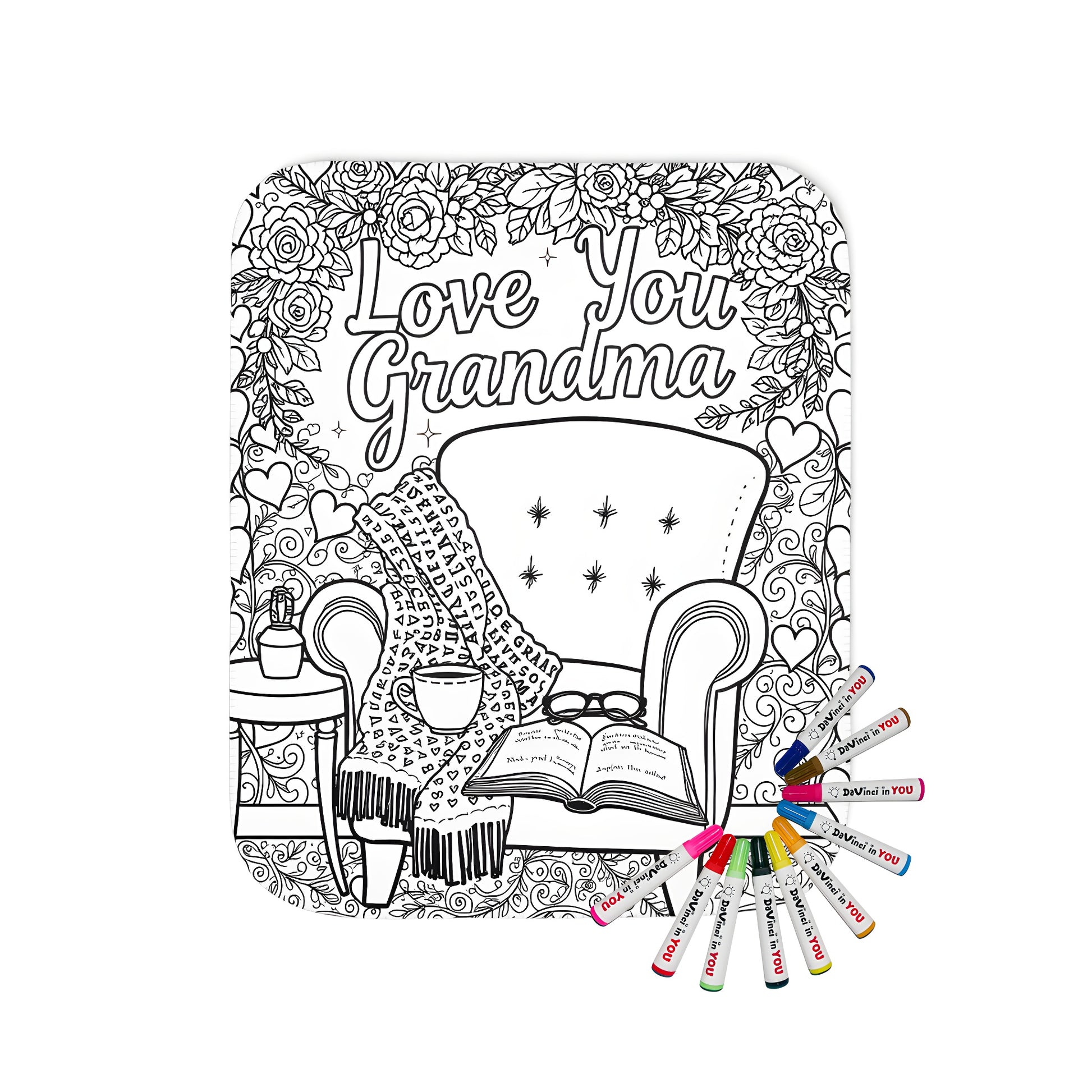 Cozy blanket with a loving grandma design, featuring a chair and book amidst floral decorations
