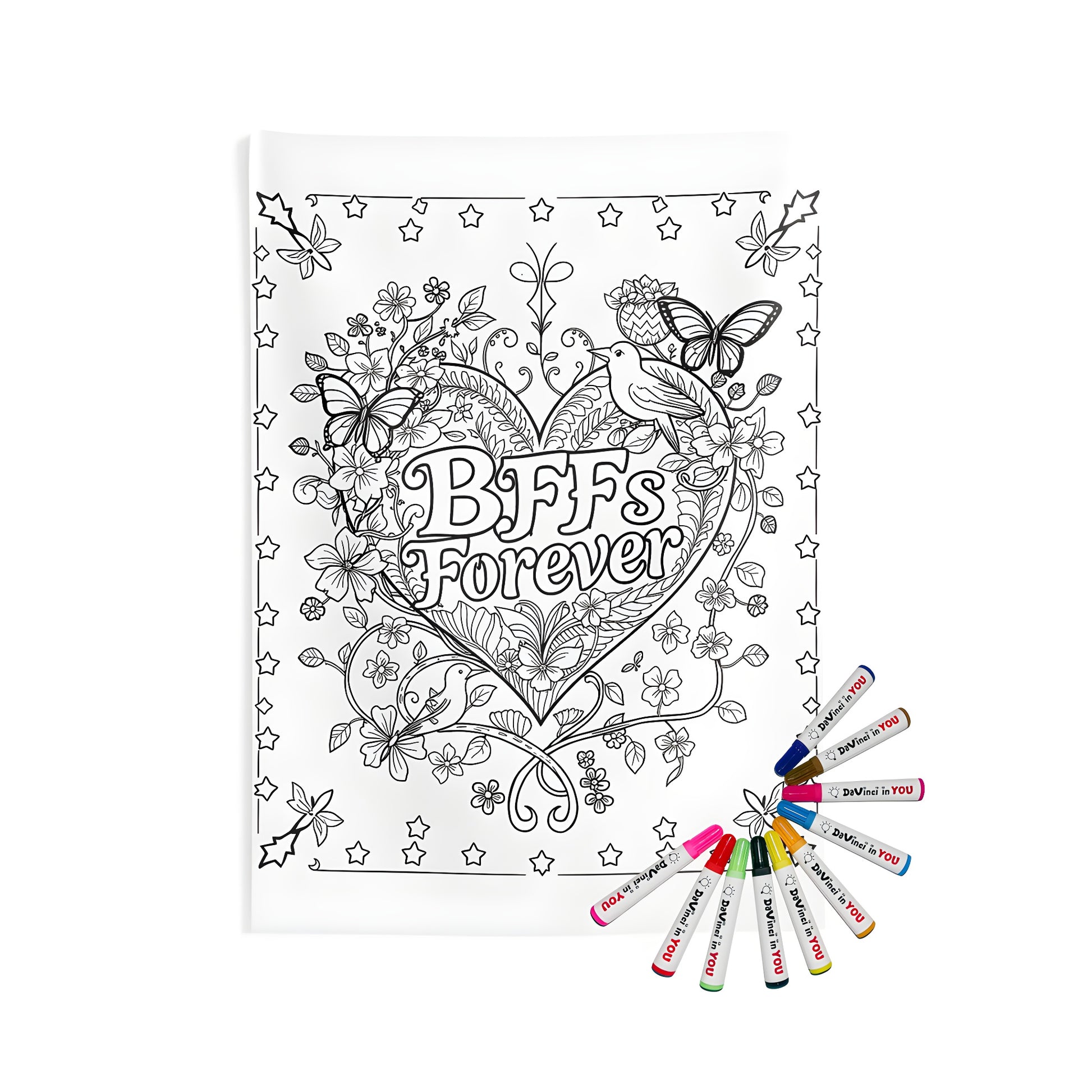 Indoor wall tapestries with intricate floral and butterfly designs featuring 'Besties', 'Squad Goals', and 'Forever Friends' phrases