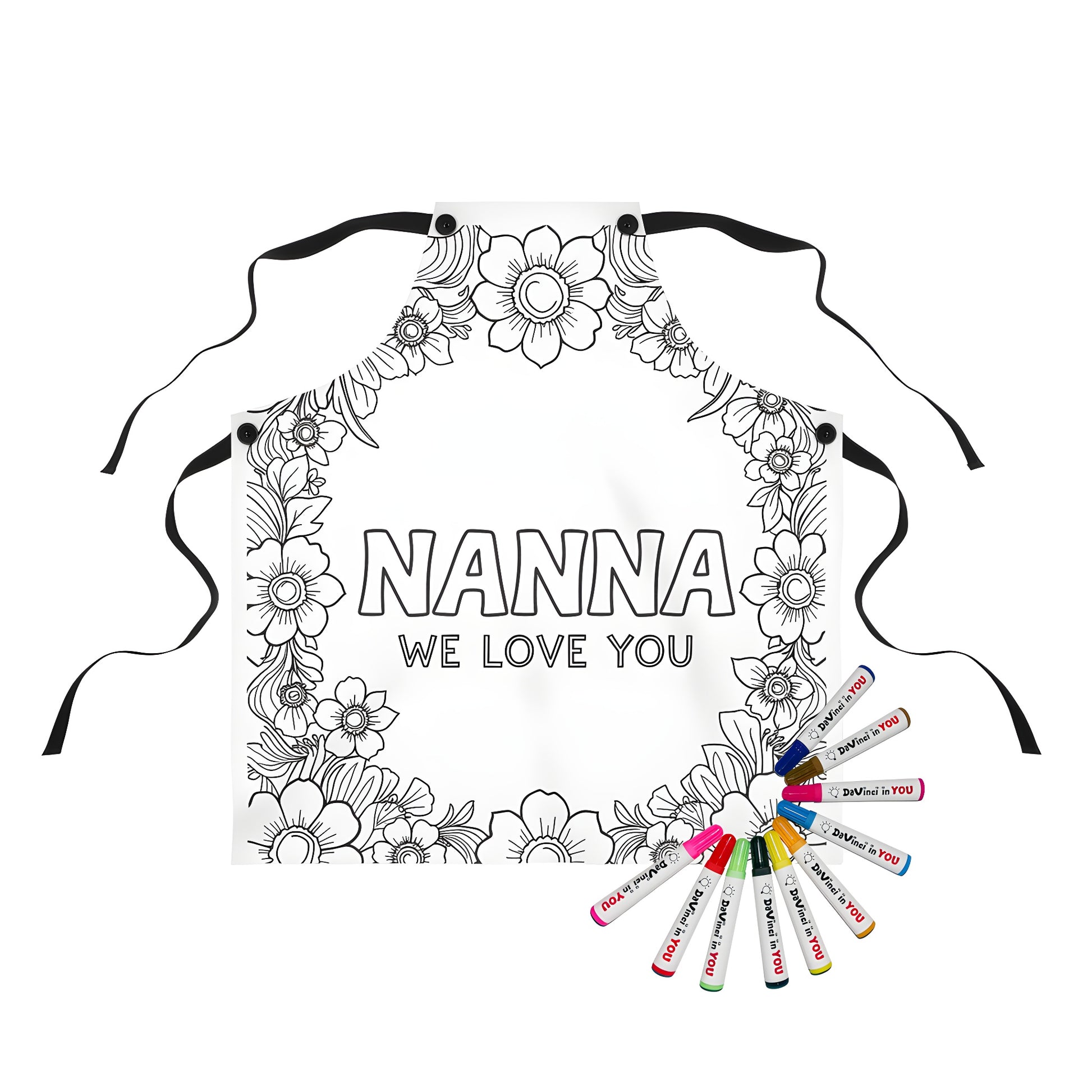 Aprons for grandma or nana gift ideas, colorful floral themed designs with personalized love messages