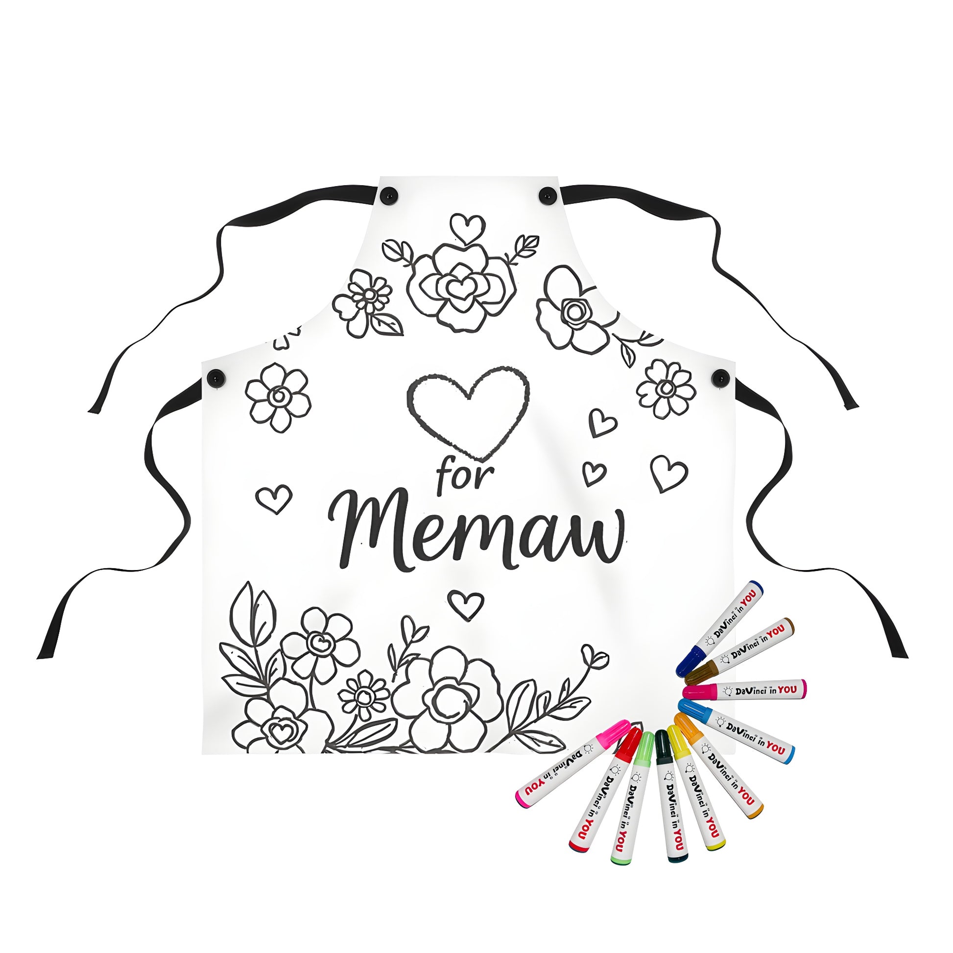 A unique, hand-drawn floral apron design featuring hearts and 'for Memaw' for grandma's special gift