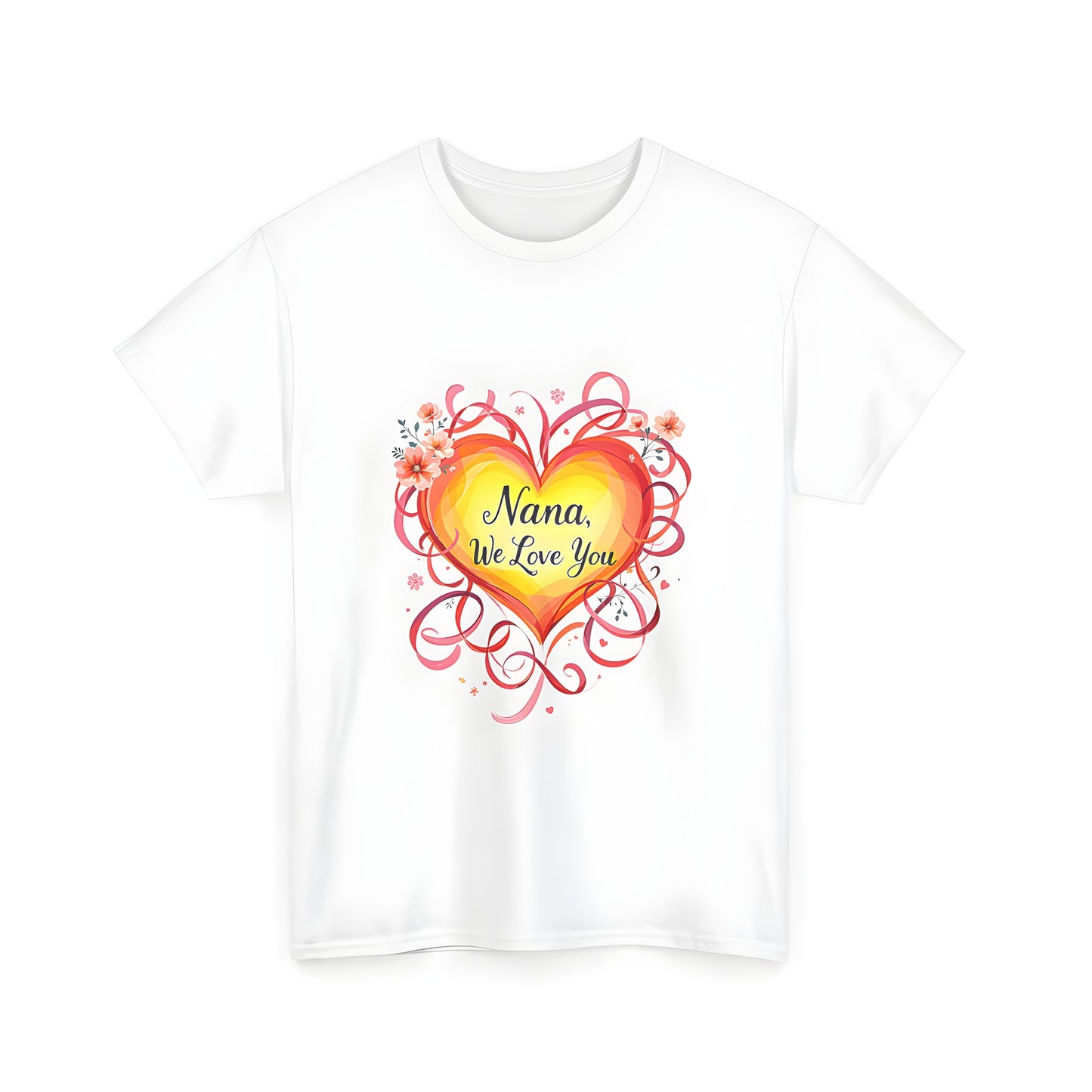 Vibrant heart graphic design on family t-shirt, floral designs and swirls expressing love and appreciation