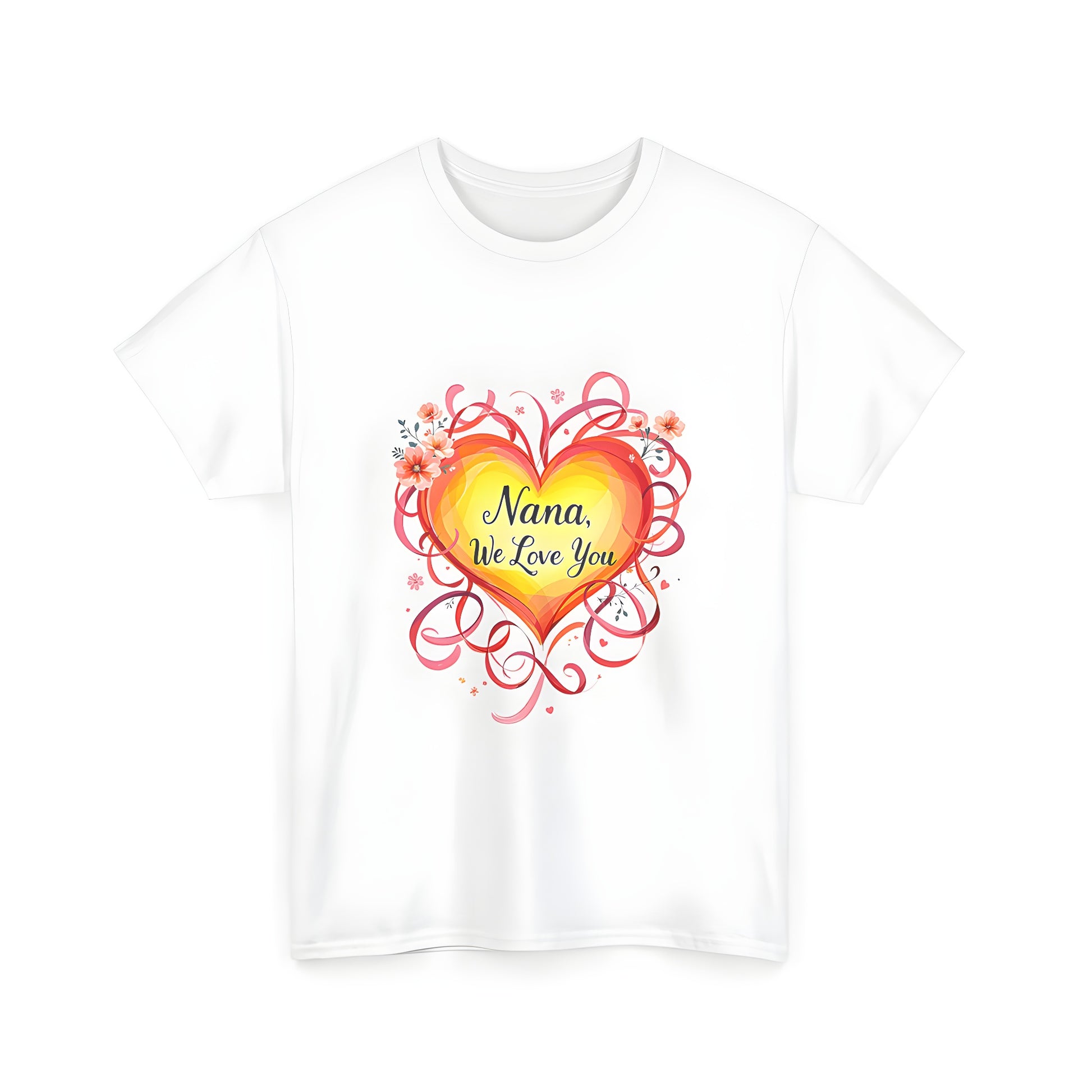 Vibrant heart graphic design on family t-shirt, floral designs and swirls expressing love and appreciation