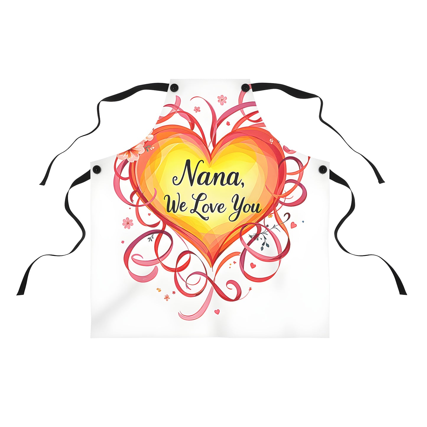 Colorful graphic design apron for family love. Vibrant heart surrounded by floral designs and swirls.