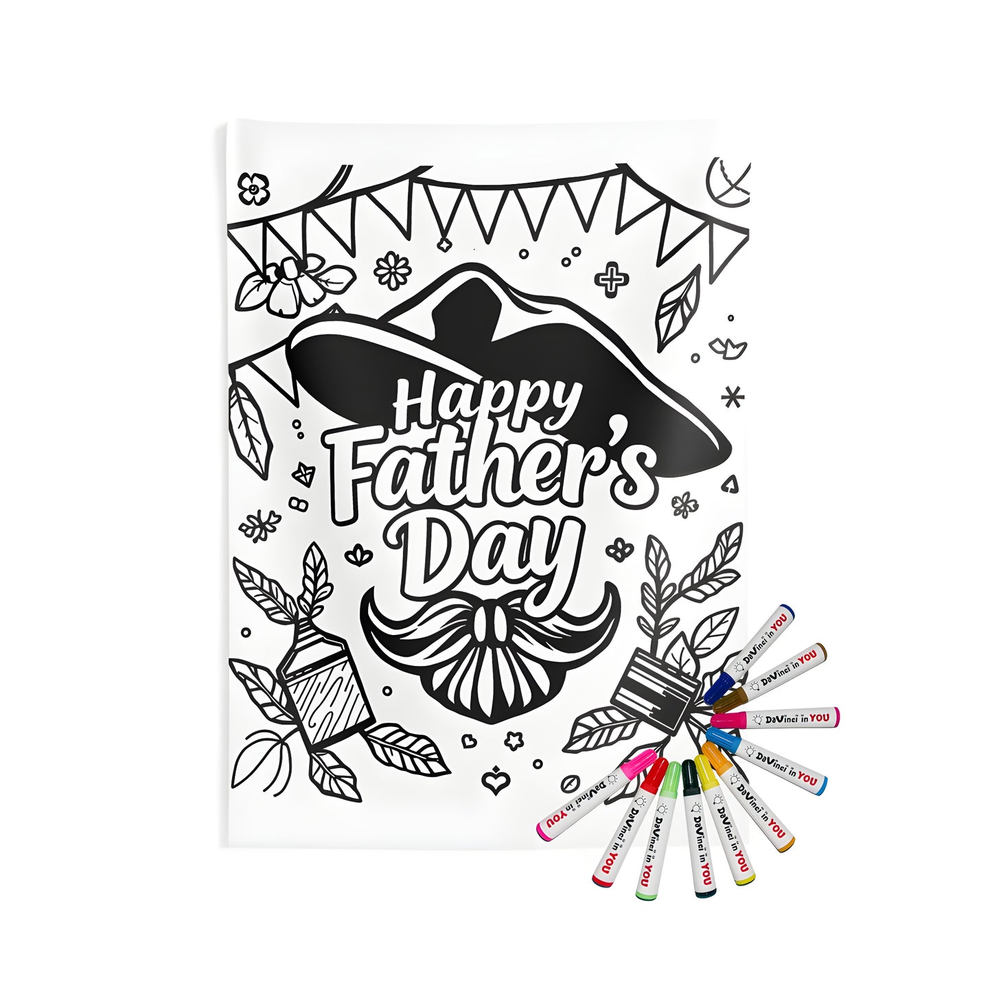 Indoor wall tapestries with colorful festive father's day celebration design featuring hat, mustache, leaves and banners