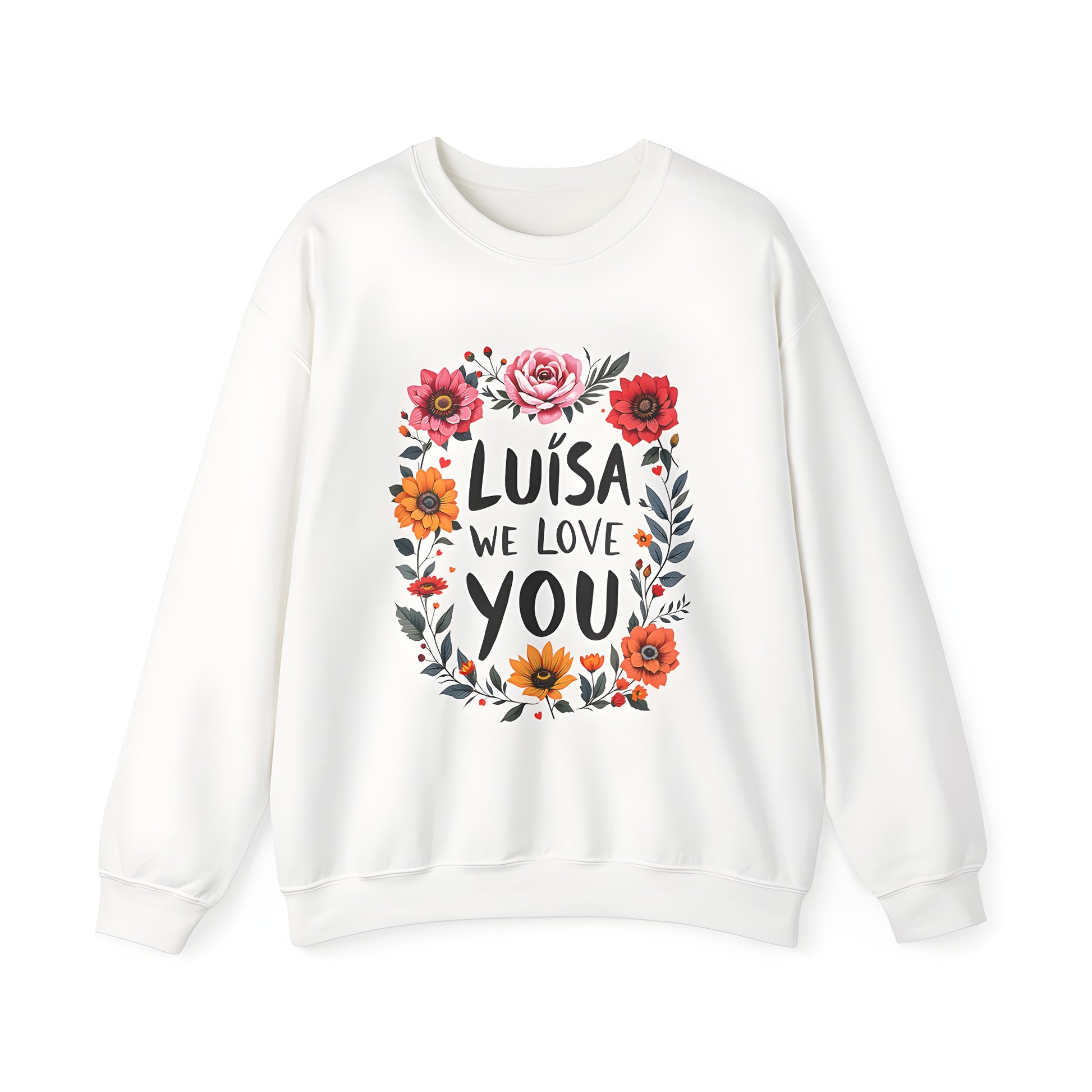 Adult sweatshirts with colorful floral wreath designs and affectionate messages for loved ones