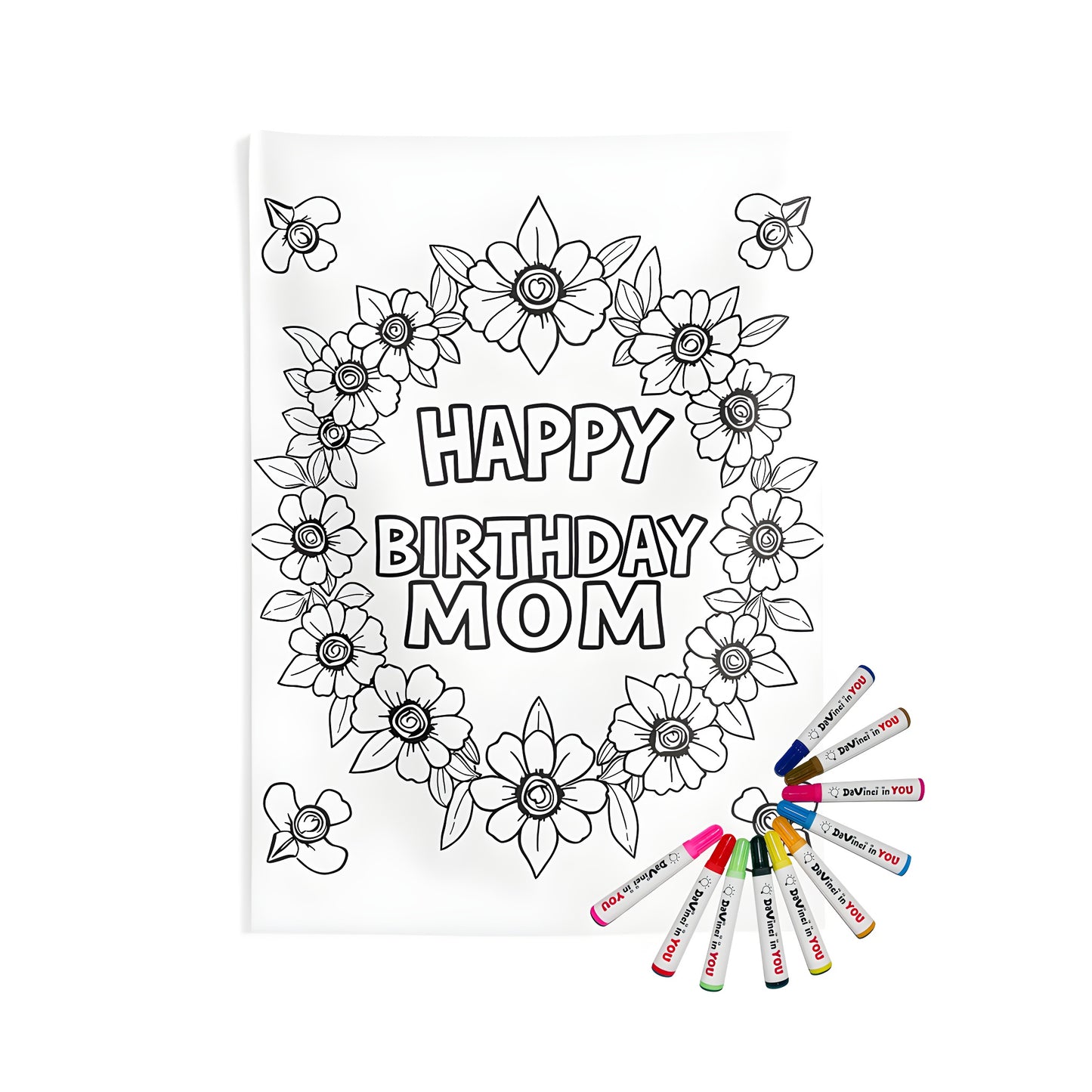 Colorful floral wall tapestry with Happy Birthday Mom design and decorative flowers