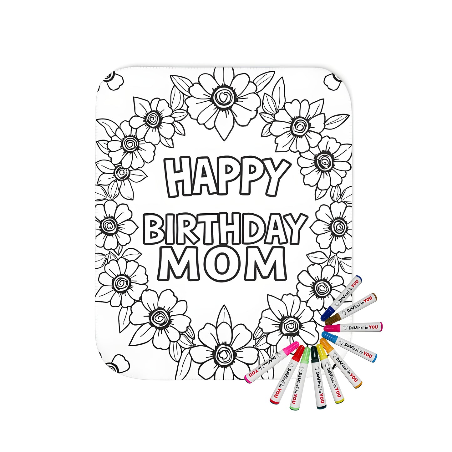 Coloring blanket with Happy Birthday Mom design and floral pattern