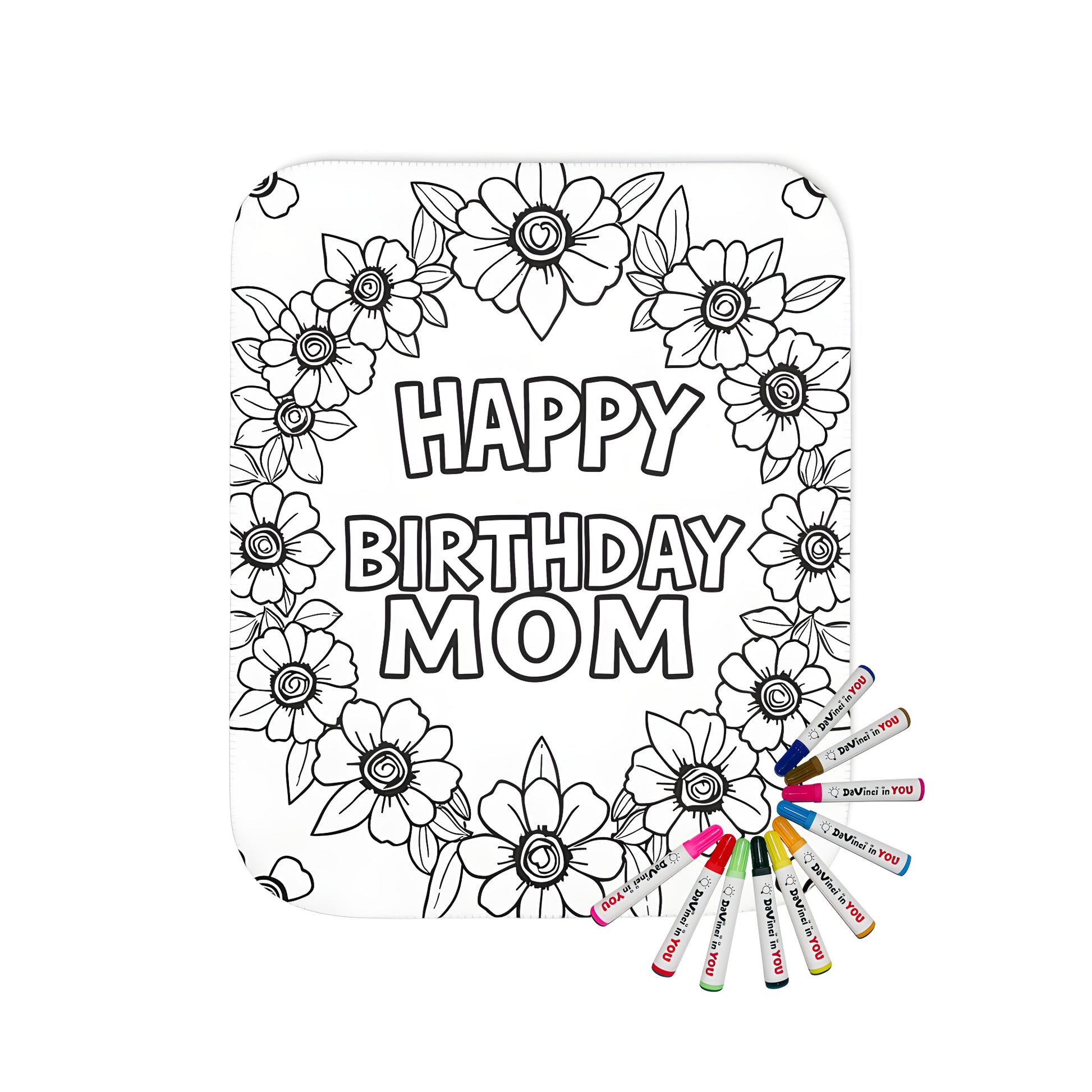 Coloring blanket with Happy Birthday Mom design and floral pattern