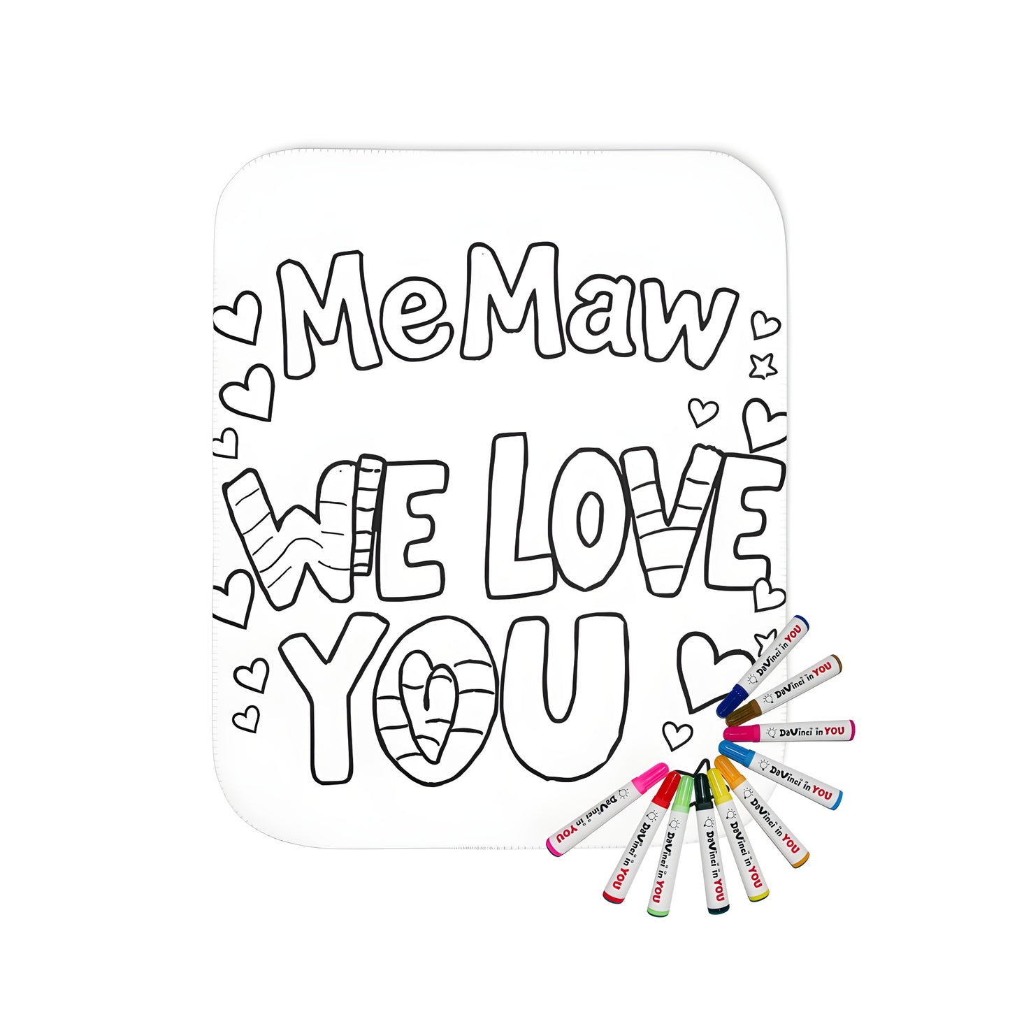 Blanket featuring a heartwarming 'Me Maw We Love You' message surrounded by colorful hearts, perfect for showing affection to grandma