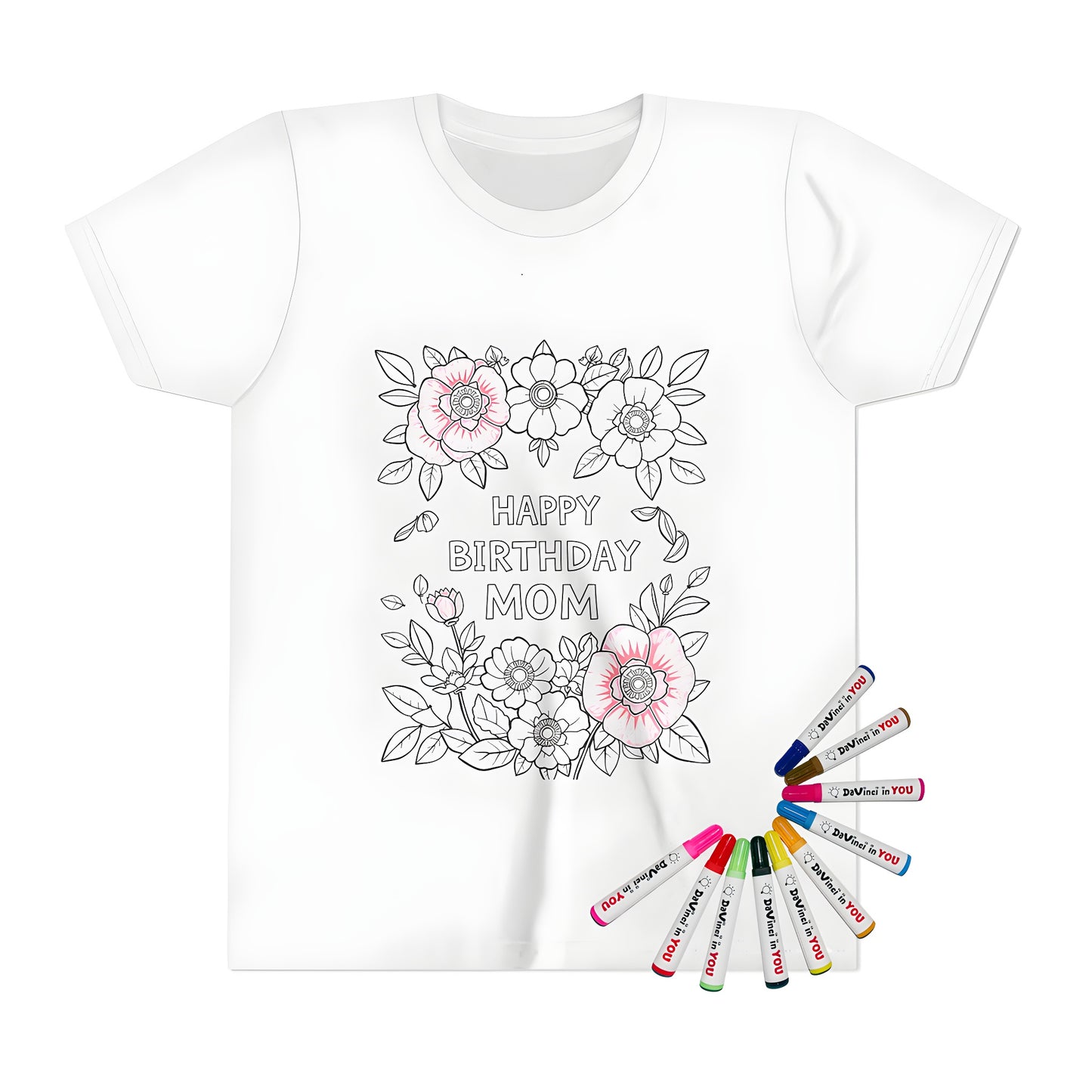 Kid's t-shirt featuring 'Happy Birthday Mom' coloring page design with flowers and leaves