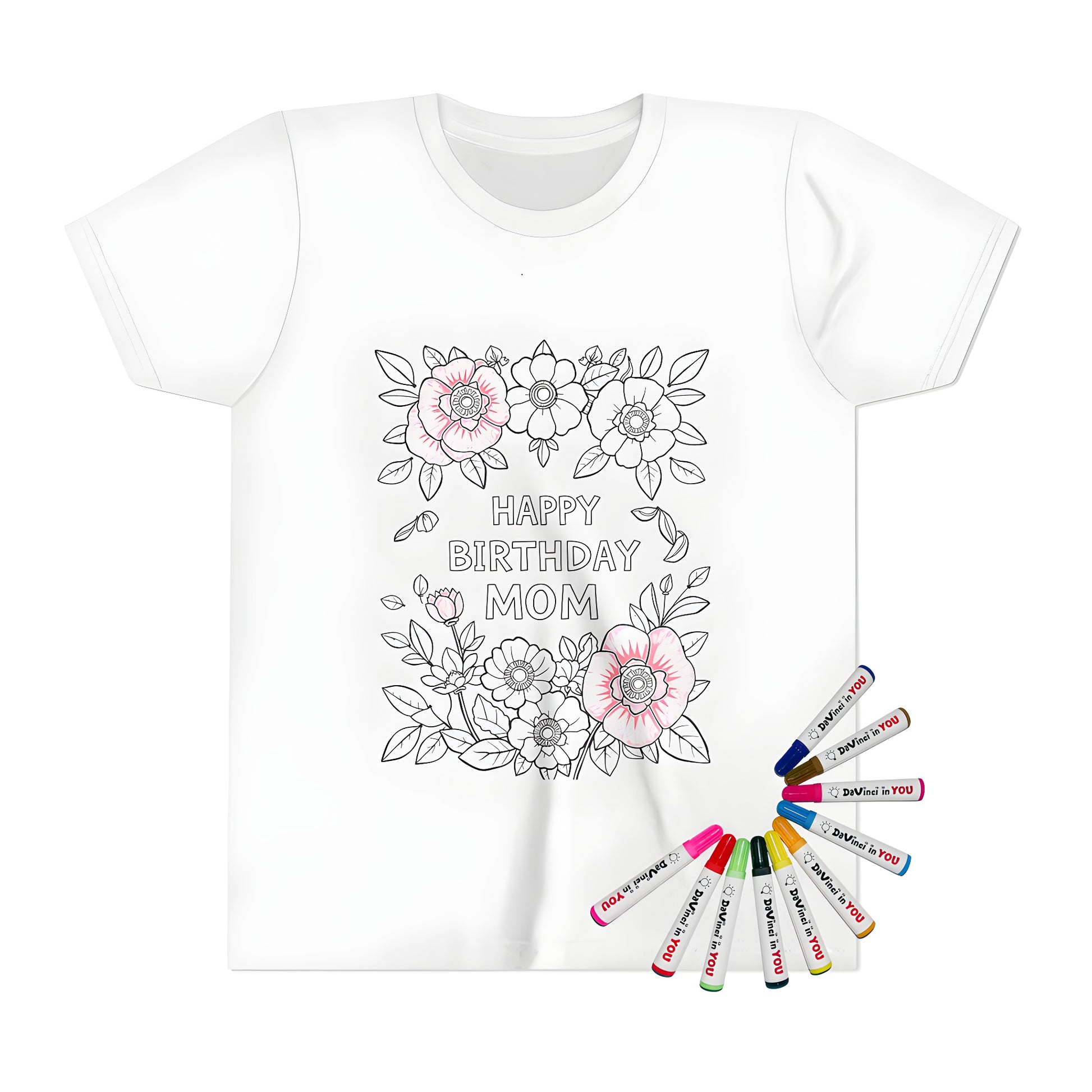 Kid's t-shirt featuring 'Happy Birthday Mom' coloring page design with flowers and leaves