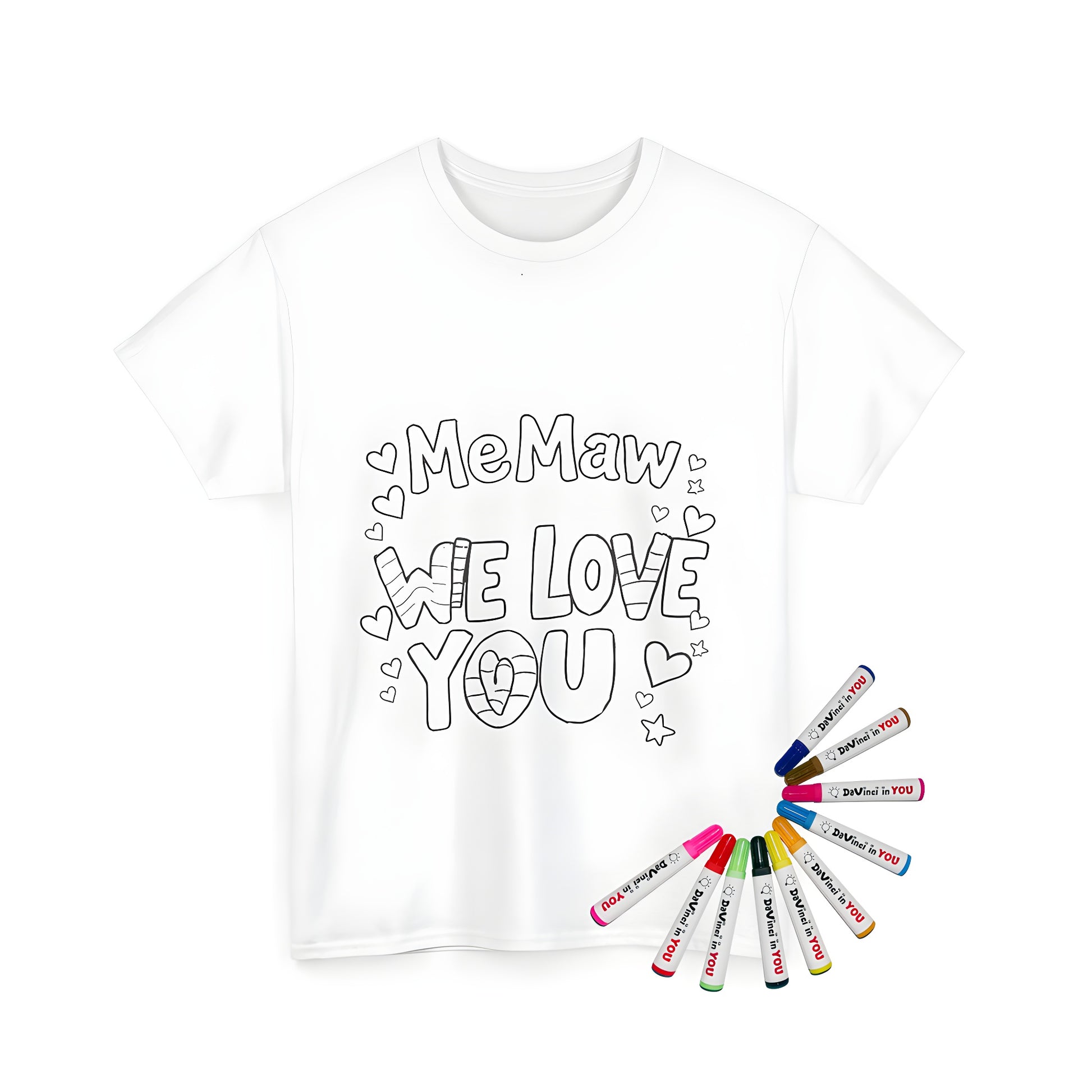 Coloring page design on unisex t-shirt featuring 'Me Maw We Love You' surrounded by hearts