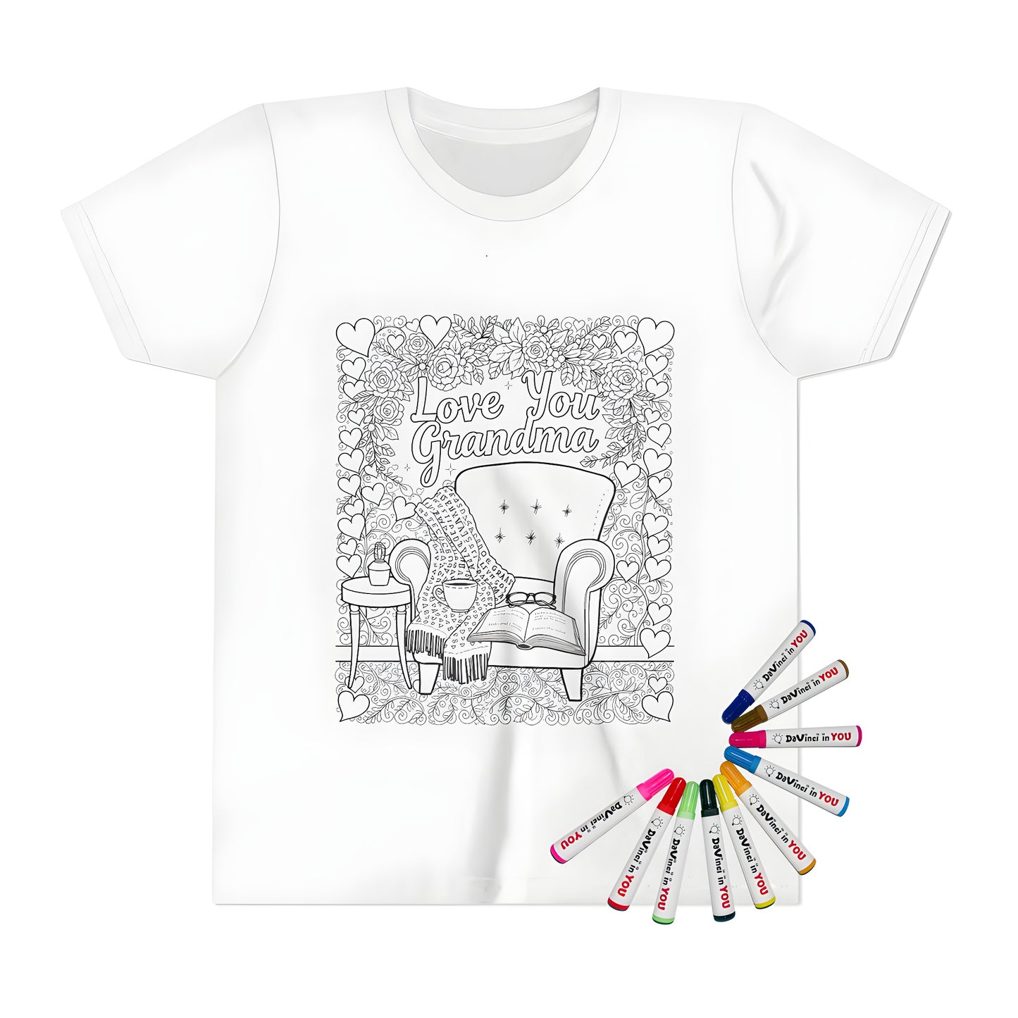 Cozy chair t-shirt coloring kit with grandma design and fabric markers