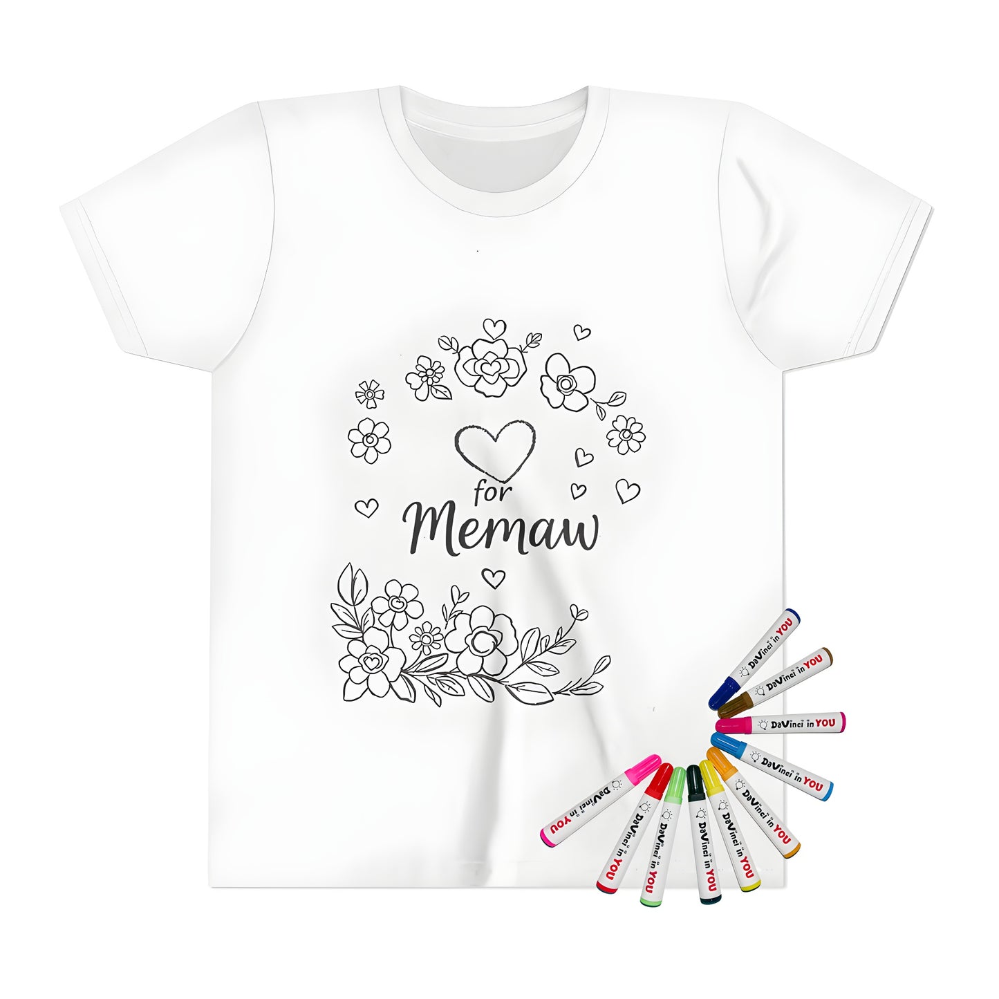 A colorful kid's t-shirt featuring a heartwarming black and white floral design with hearts surrounding 'for Memaw', perfect as a thoughtful gift for grandma, mom, or aunt