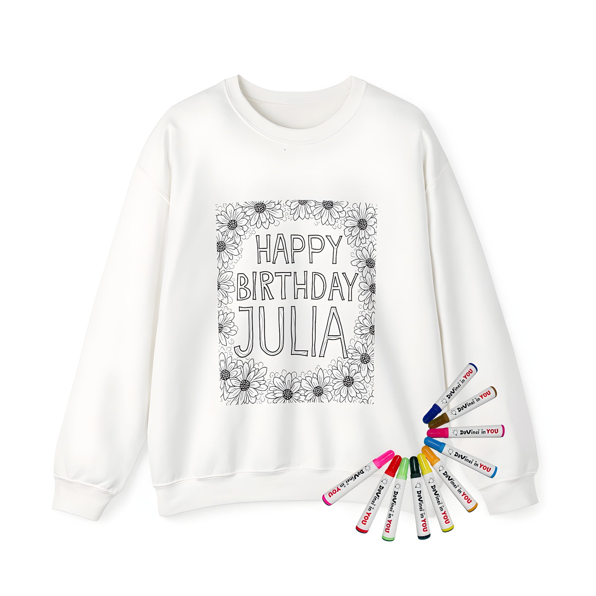 Adult sweatshirt with birthday greeting and flower design, perfect for Julia's special day