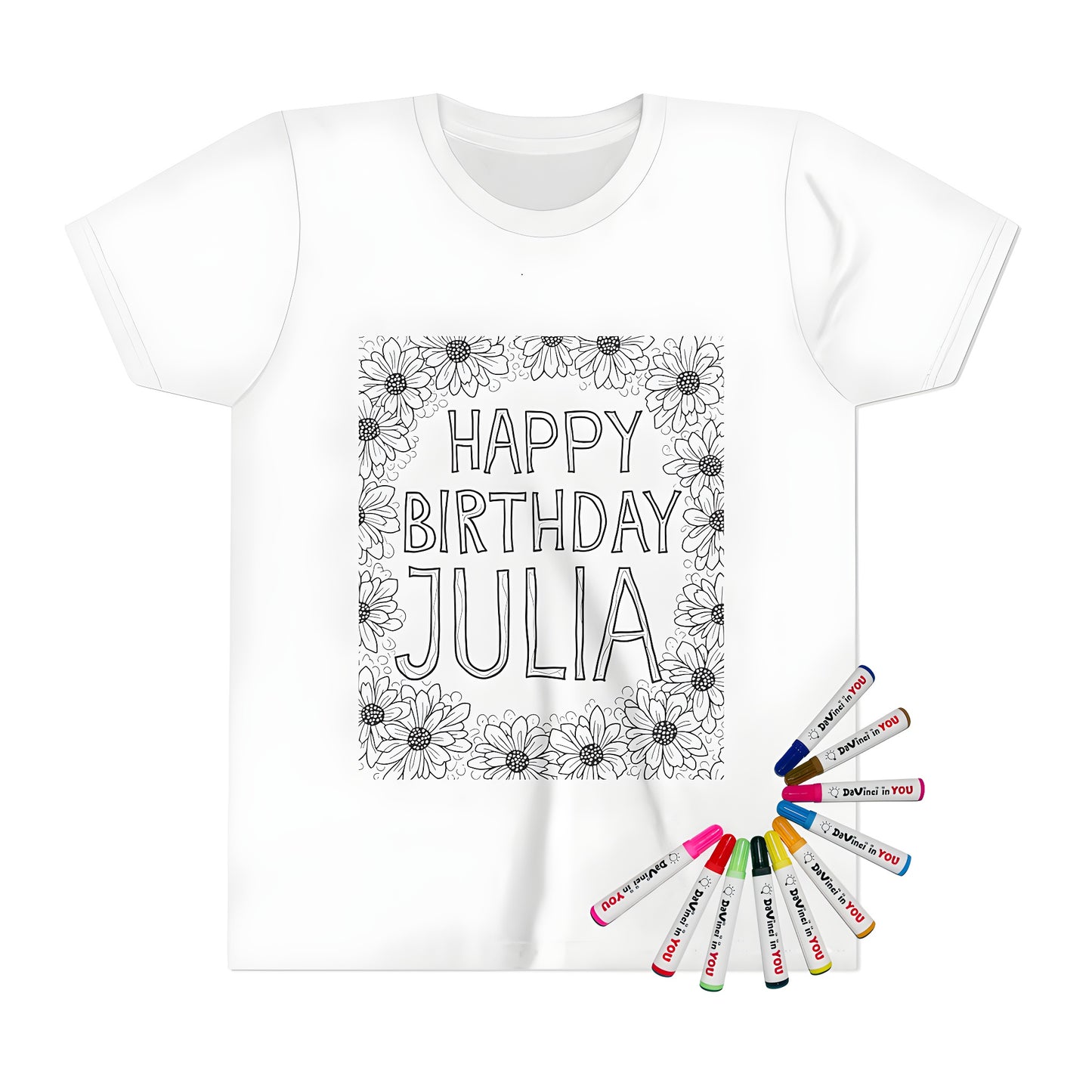 Kids birthday greeting coloring page t-shirt with fabric markers