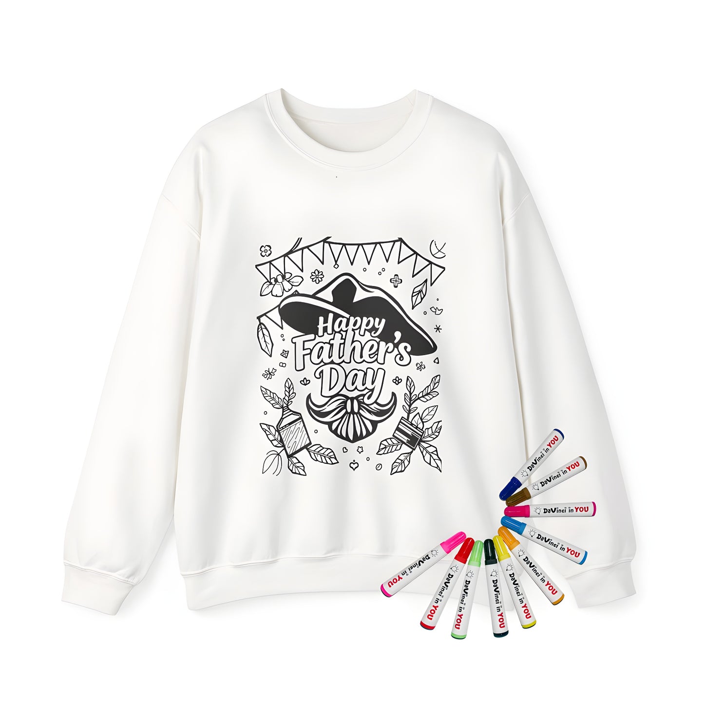 Adult sweatshirt with vibrant coloring page design featuring festive father's day elements