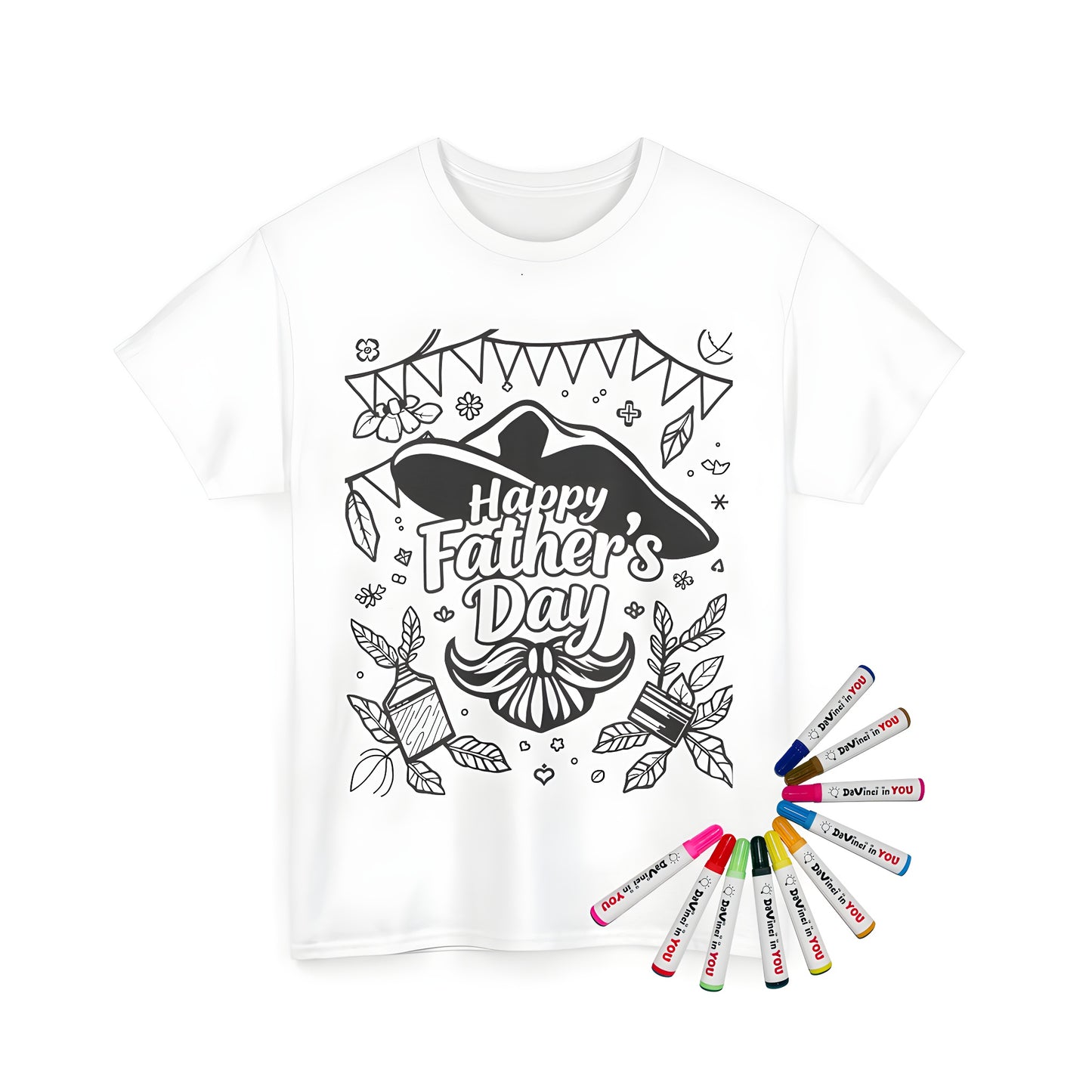Unisex t-shirt with festive father's day coloring page art featuring hat, mustache, leaves, and banners