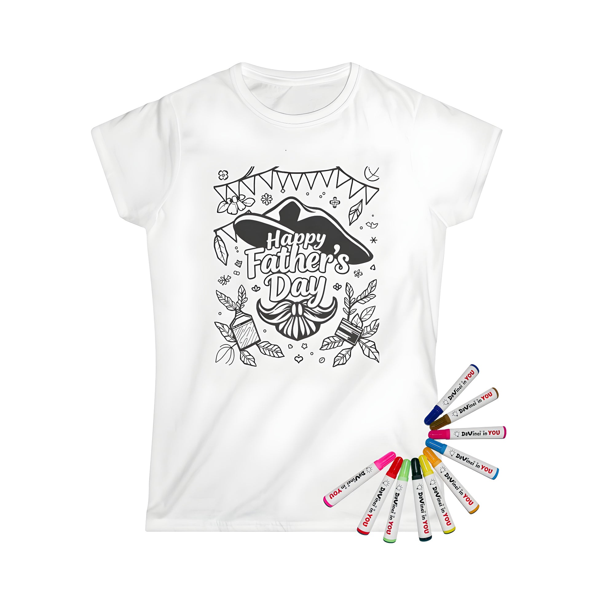 Women's t-shirt featuring a festive Father's Day celebration design with colorful markers and decorations