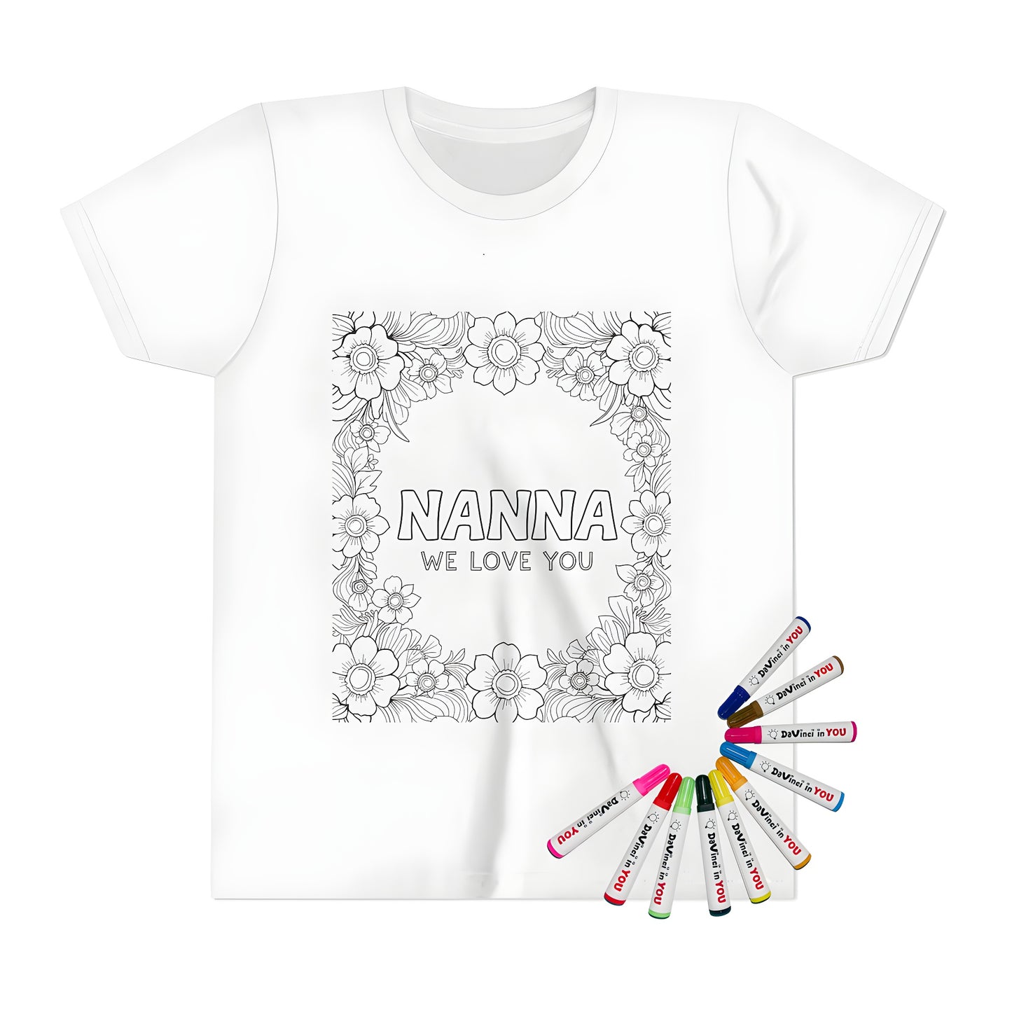 Floral-themed coloring page on a kid's t-shirt featuring 'NANNA WE LOVE YOU' for grandma, mom, or special loved one