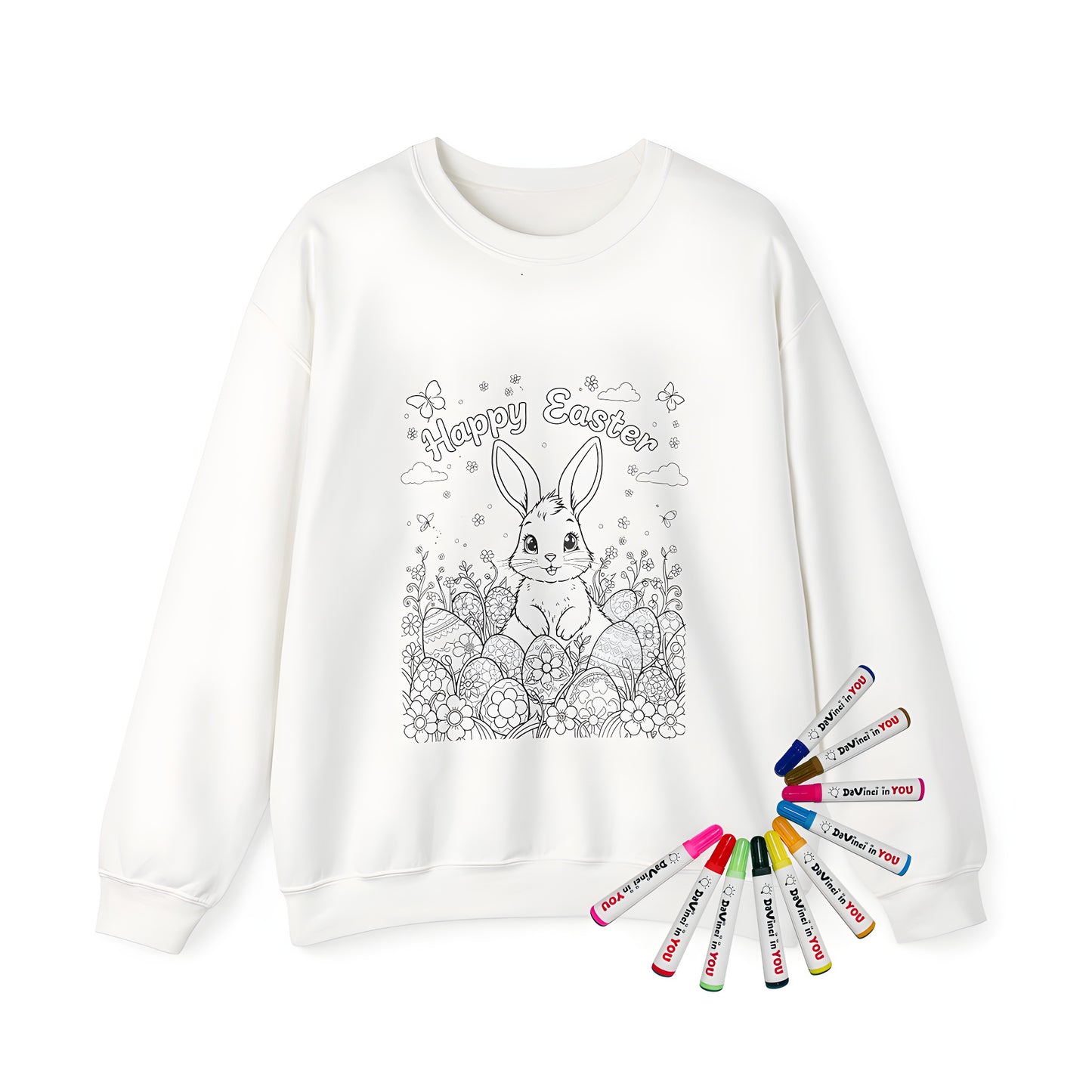 Adult sweatshirt with cute Easter bunny design, decorated eggs and flowers, butterflies and 'Happy Easter' text