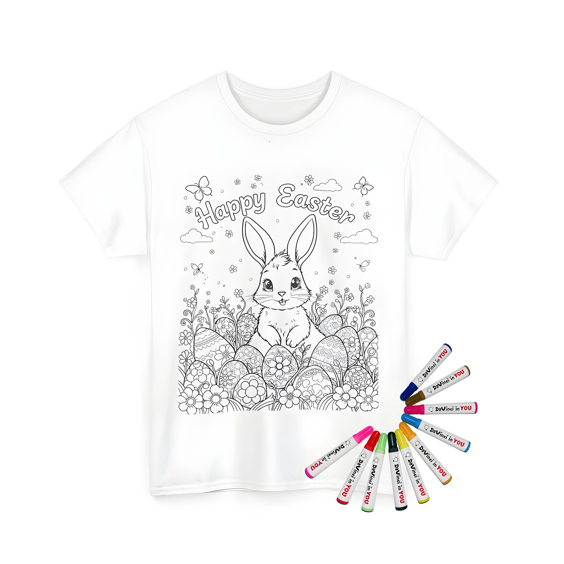 Unisex t-shirt featuring a cute bunny design, decorated eggs, flowers and butterflies in a garden scene